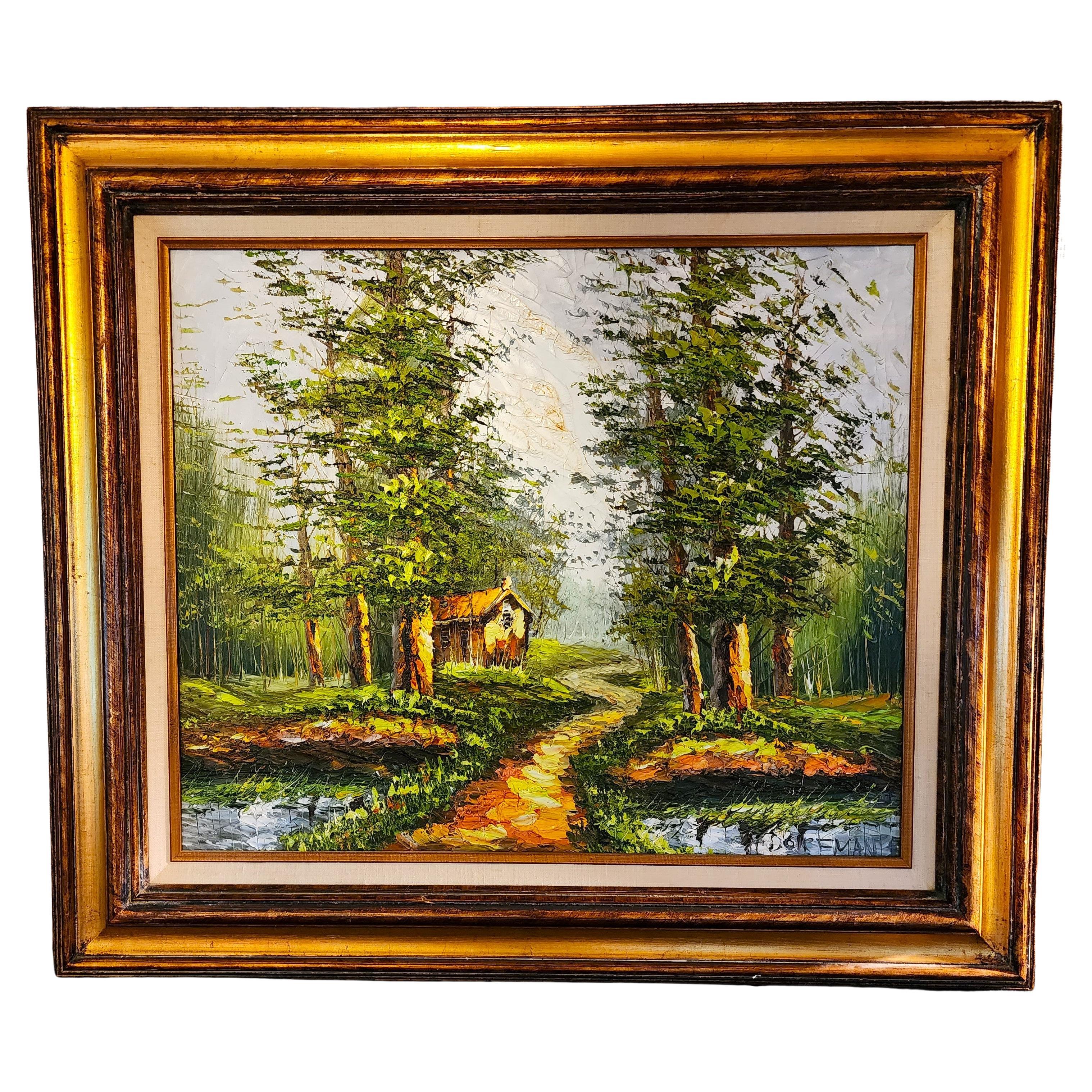 Paisaje Pintura al óleo Firmado DORFMAN Vintage Cabaña en el bosque