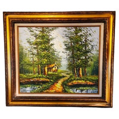 Landscape Oil Painting Signed DORFMAN Vintage Cabin in Woods