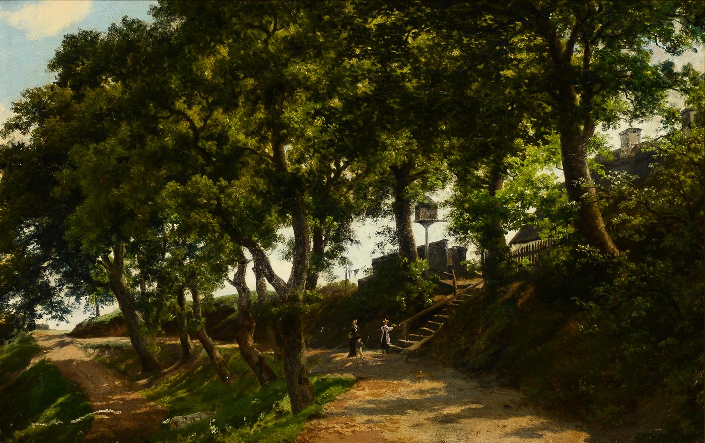 Charming landscape painting by Axel Schovelin (1827-1893), Danish 19th century painter. 'from Østervold in the eighties', oil on canvas, sign. Schovelin. Axel Thorsen Schovelin studied from 1839-1946 at the Copenhagen academy under J. L. Lund. From