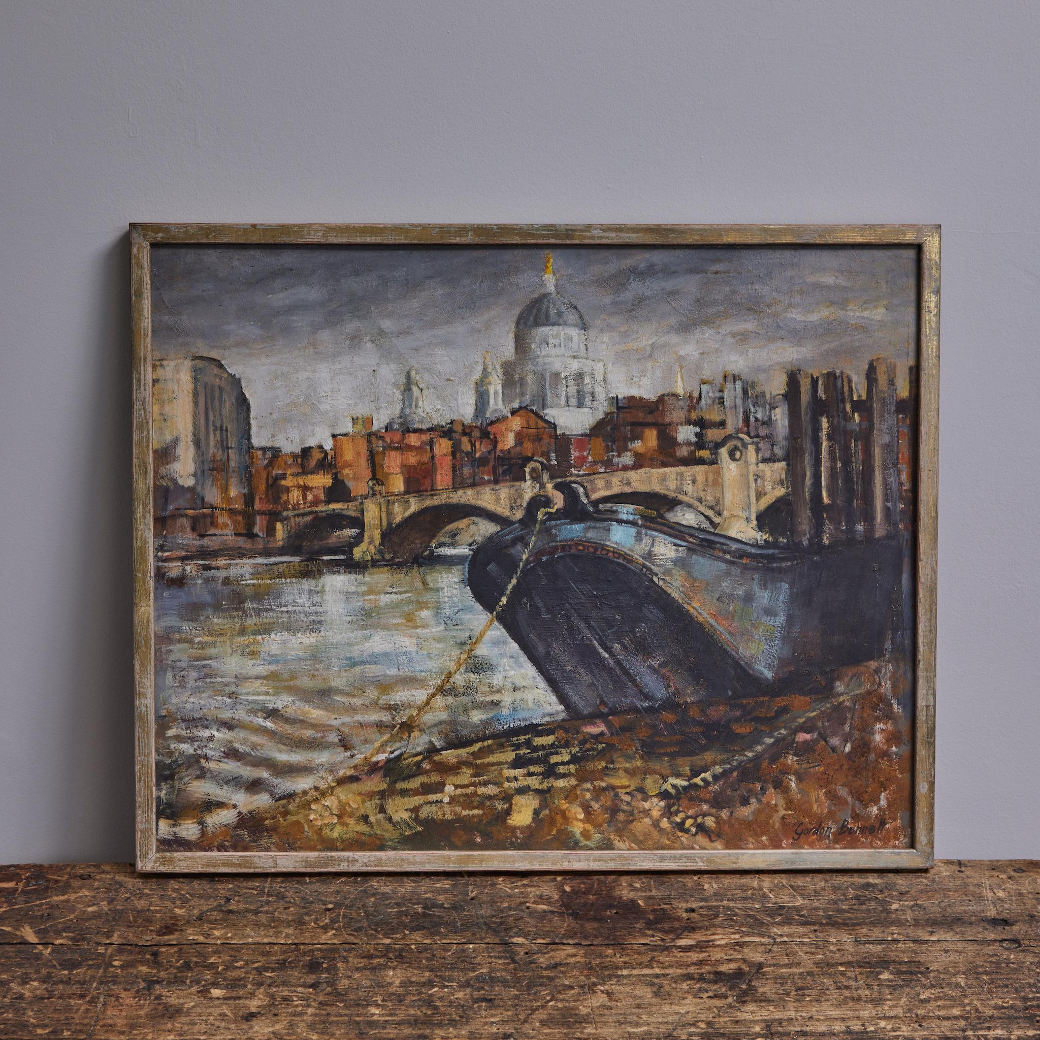 Moody scene of the River Thames by 20th-century English artist Gordon Bennett. Oil painting on board. A proud but contemplative piece, the palette of smoggy grays and warm burnt ochres evokes a dusky industrial atmosphere. 
