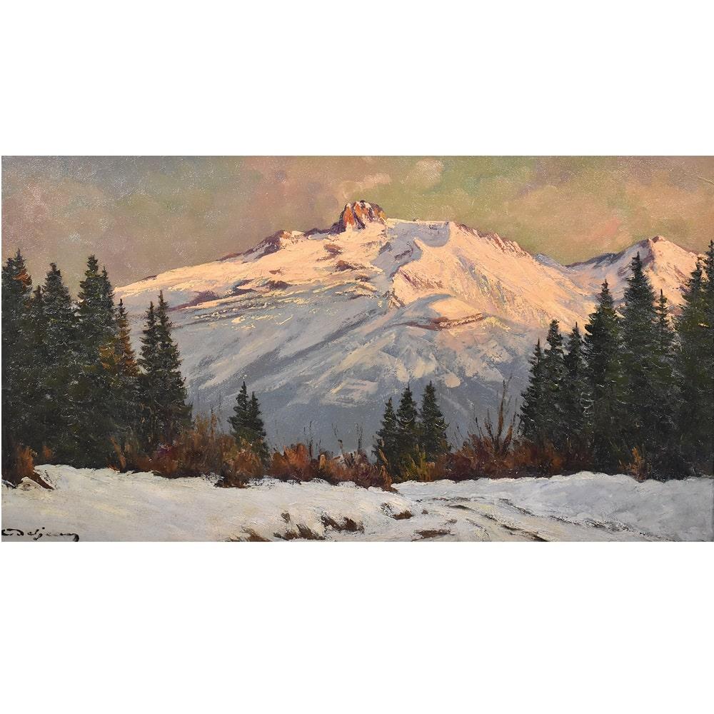 This is an antique landscape oil painting, mountain landscape painting with snow, early XXth century. 
It is an antique painting, from the 20th century, representing a landscape with a summit illuminated by light, with warm colours.

In fact, on