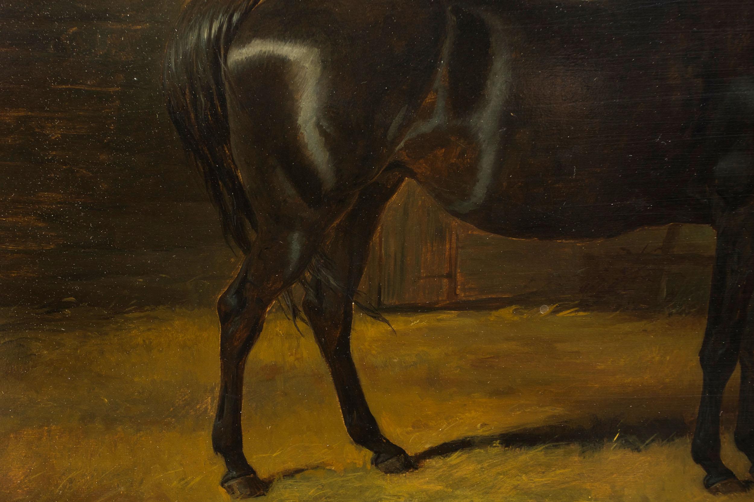 Giltwood Landscape Painting of Black Stallion 
