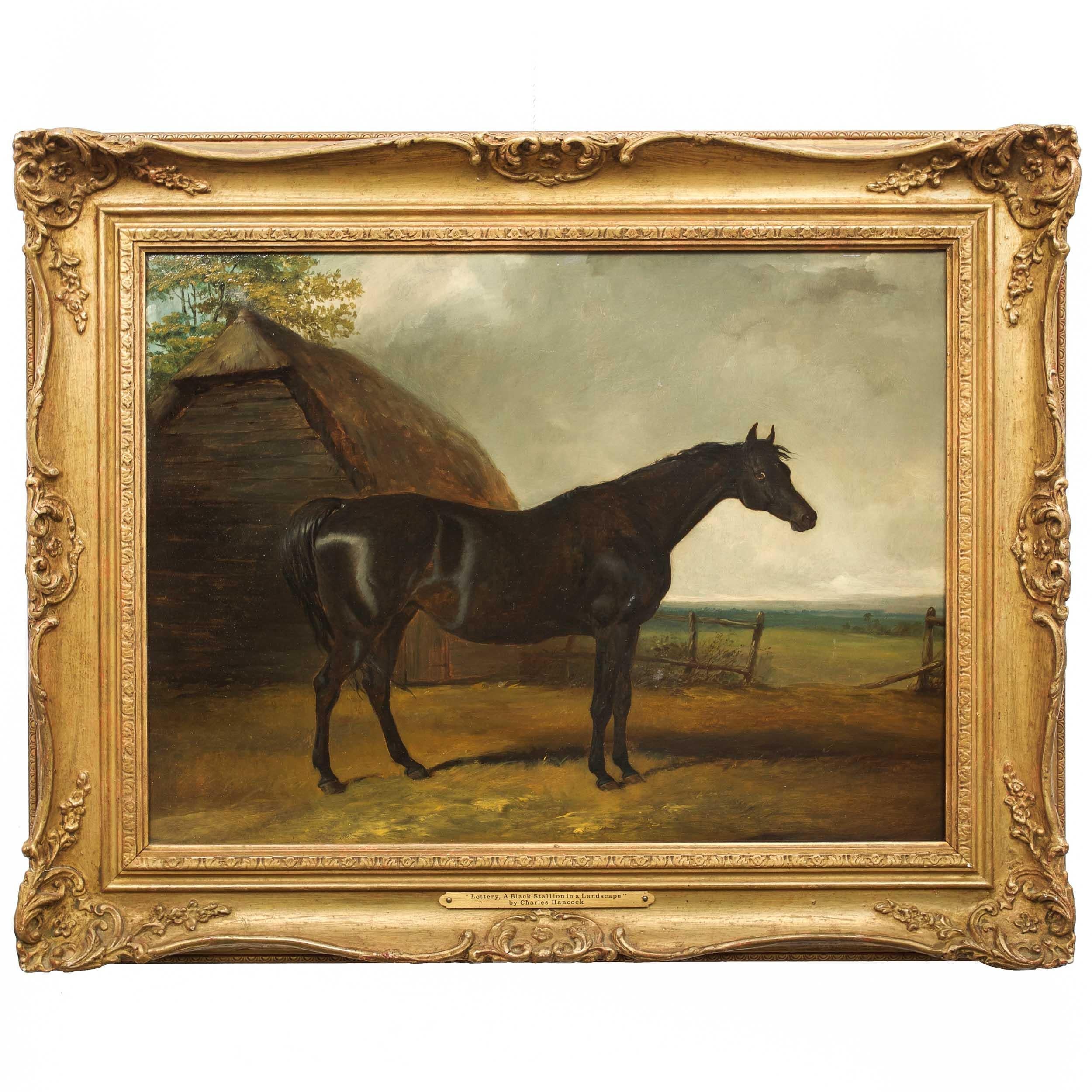 A fine depiction of a black stallion racehorse standing in a landscape before an aged barn with a thatched roof, it is executed in oil on artist panel supplied by Thomas Brown (London, 1778-1840) at some point prior to the release of his leasehold