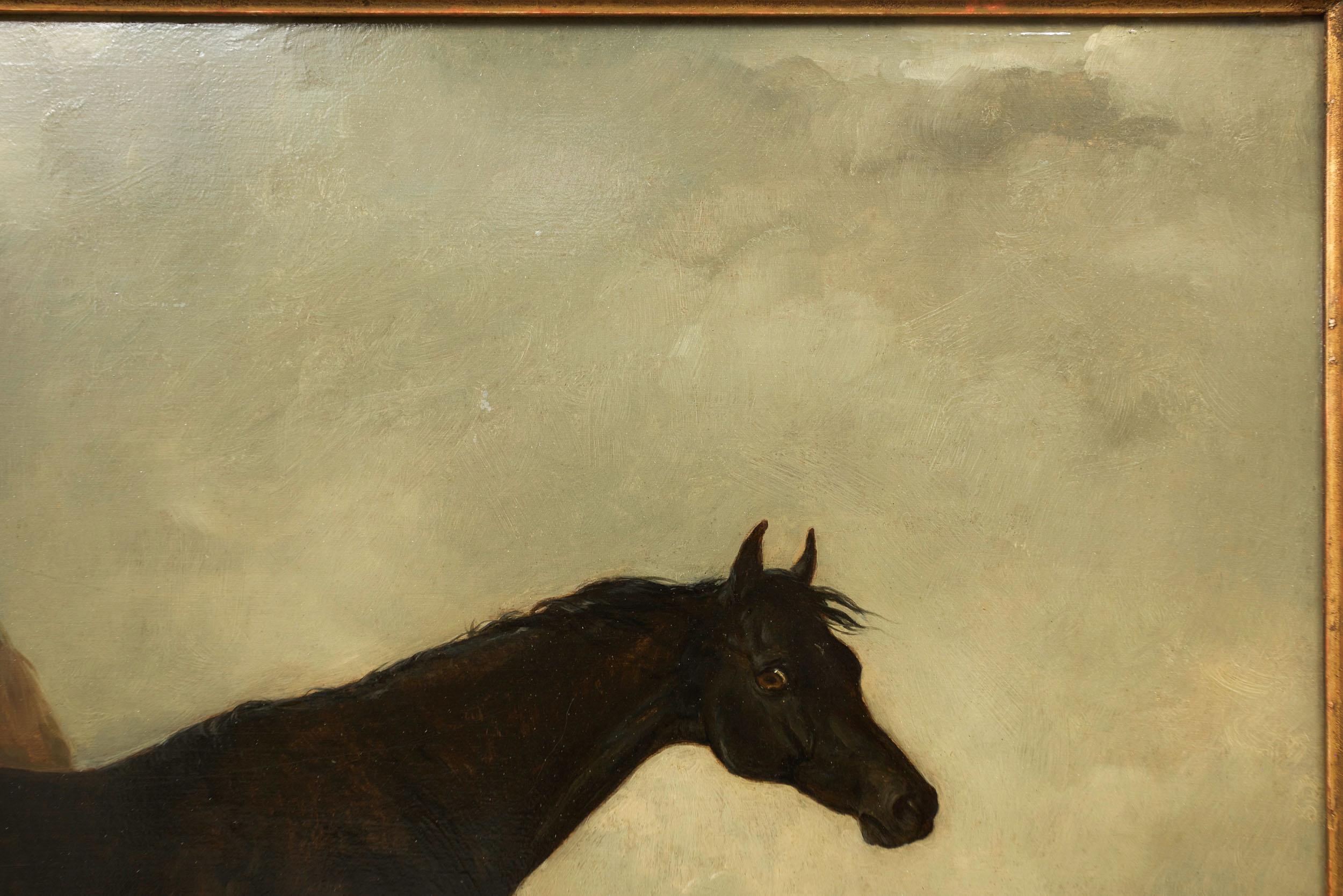 British Landscape Painting of Black Stallion 