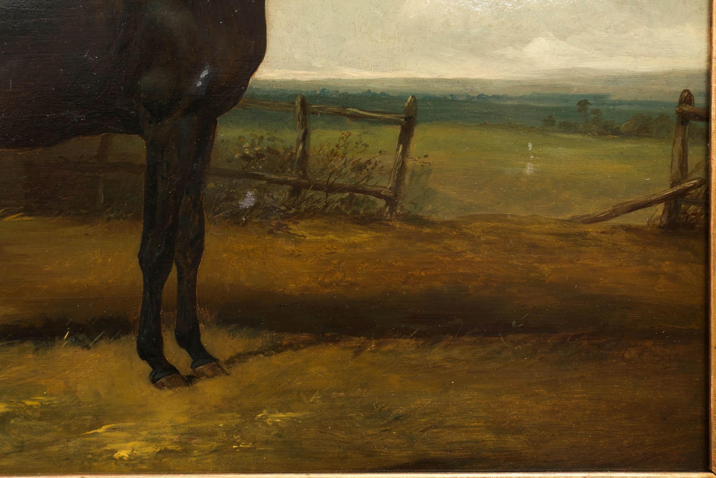 19th Century Landscape Painting of Black Stallion 