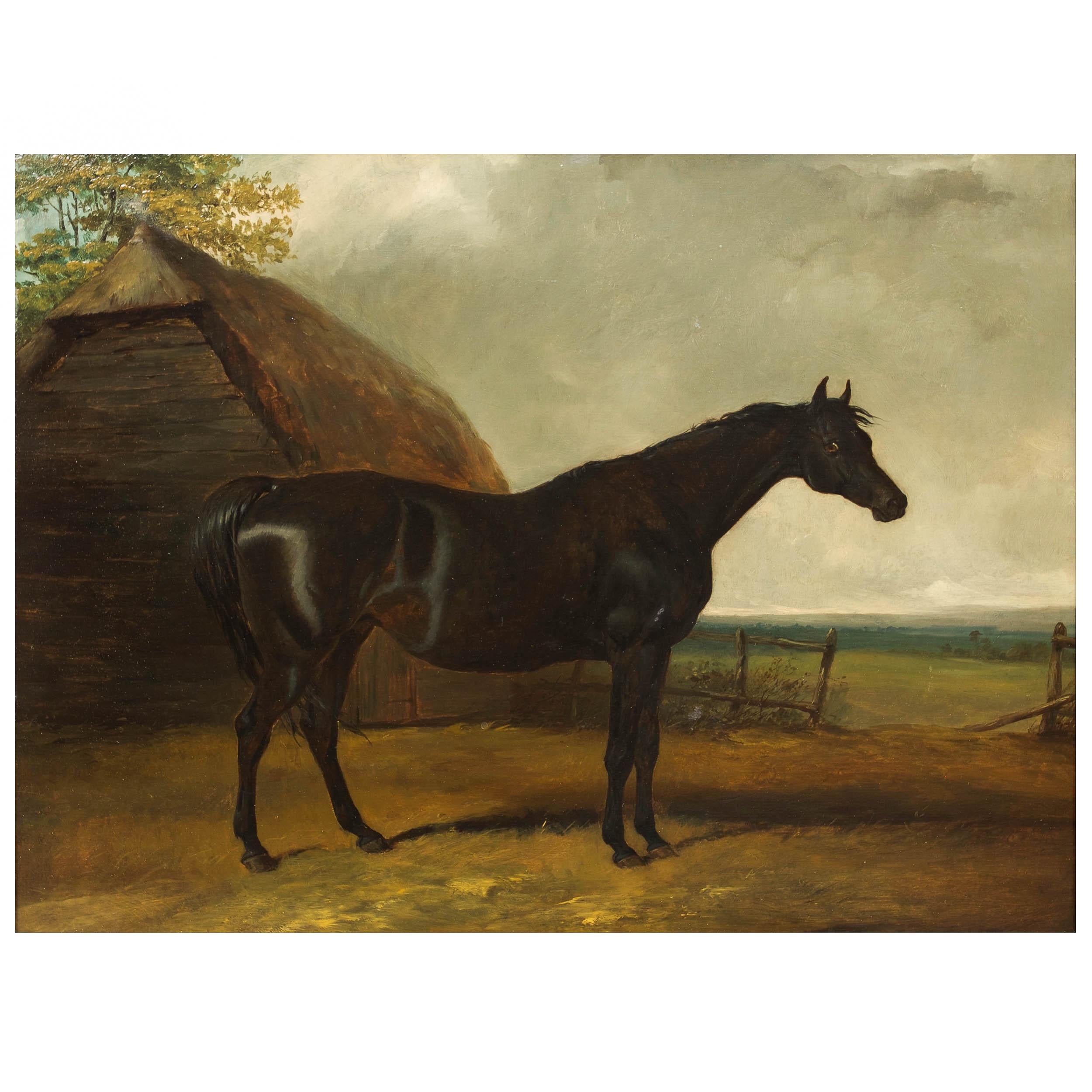 Landscape Painting of Black Stallion "Lottery" Attr. to Charles Hancock