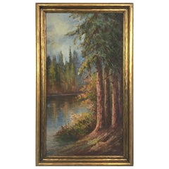 Antique Landscape Painting of California Redwoods on the Riverbank, Dated 1927 