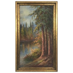 Landscape Painting of California Redwoods on the Riverbank, Dated 1927
