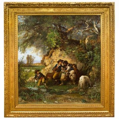 Peinture de paysage représentant des bergers avec un agneau blessé par Hermann Corrodi, vers 1868