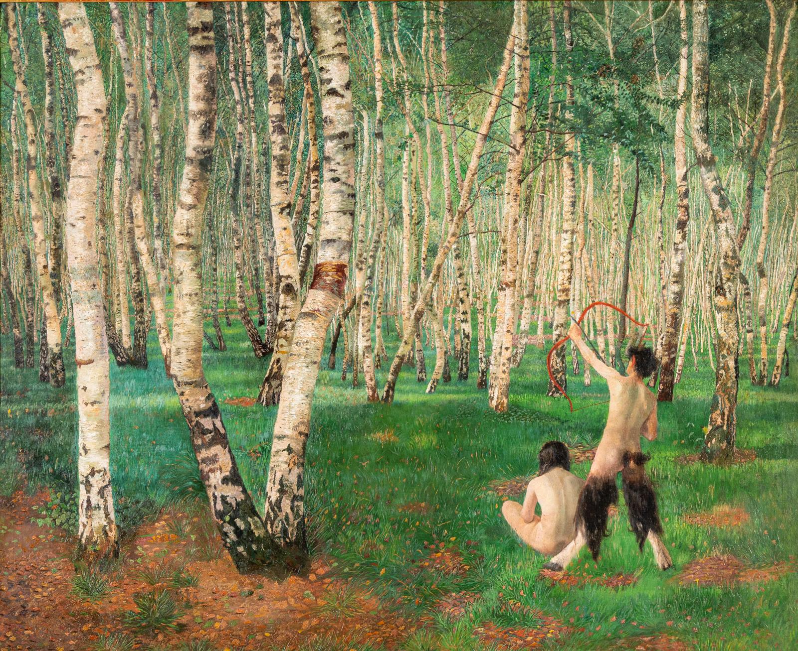 Landscape painting oil on canvas Austrian Art Karl Mediz The Birch Forest 1894 Mythological nature painting

Karl Mediz, as well as his wife Emilie Mediz-Pelikan, occupy a singular position in Austrian classical modernist painting, at the