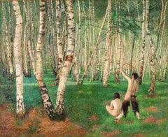 Landscape Painting Oil on Canvas Austrian Art Karl Mediz The Birch Forest, 1894