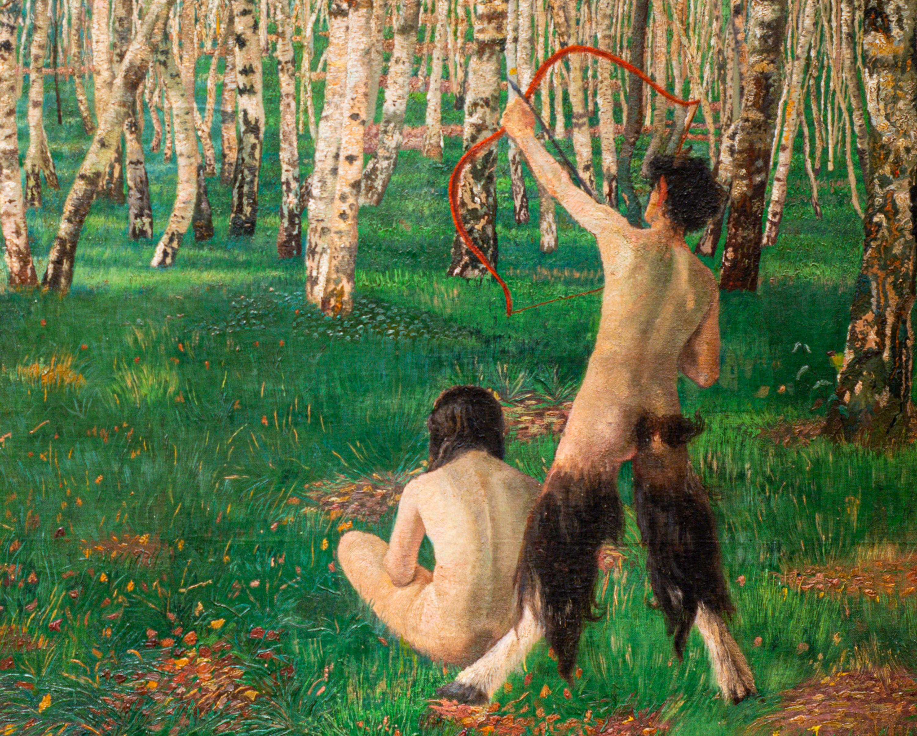 Jugendstil Landscape Painting Oil on Canvas Austrian Art Karl Mediz The Birch Forest, 1894