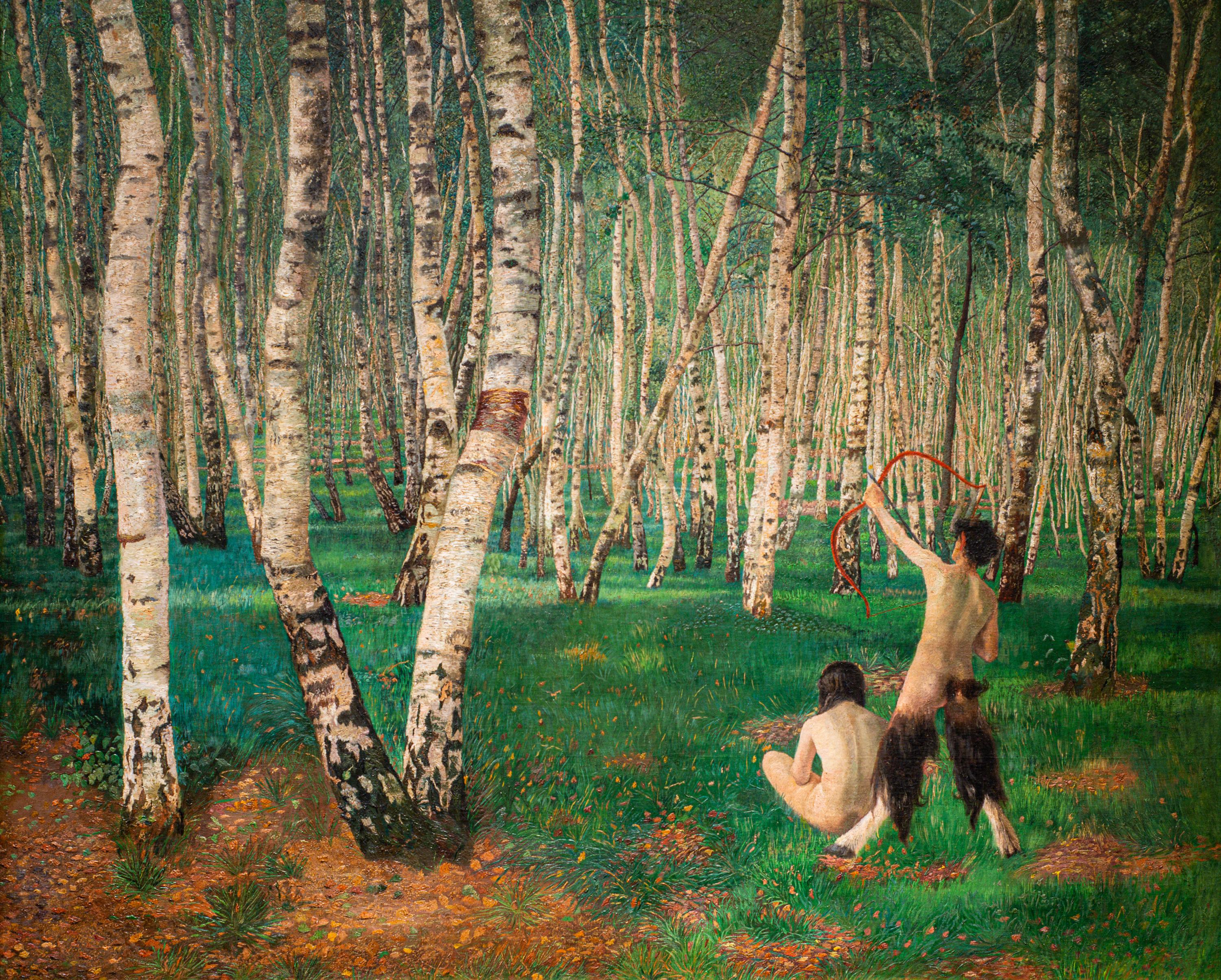 Landscape Painting Oil on Canvas Austrian Art Karl Mediz The Birch Forest, 1894 In Good Condition In Klosterneuburg, AT