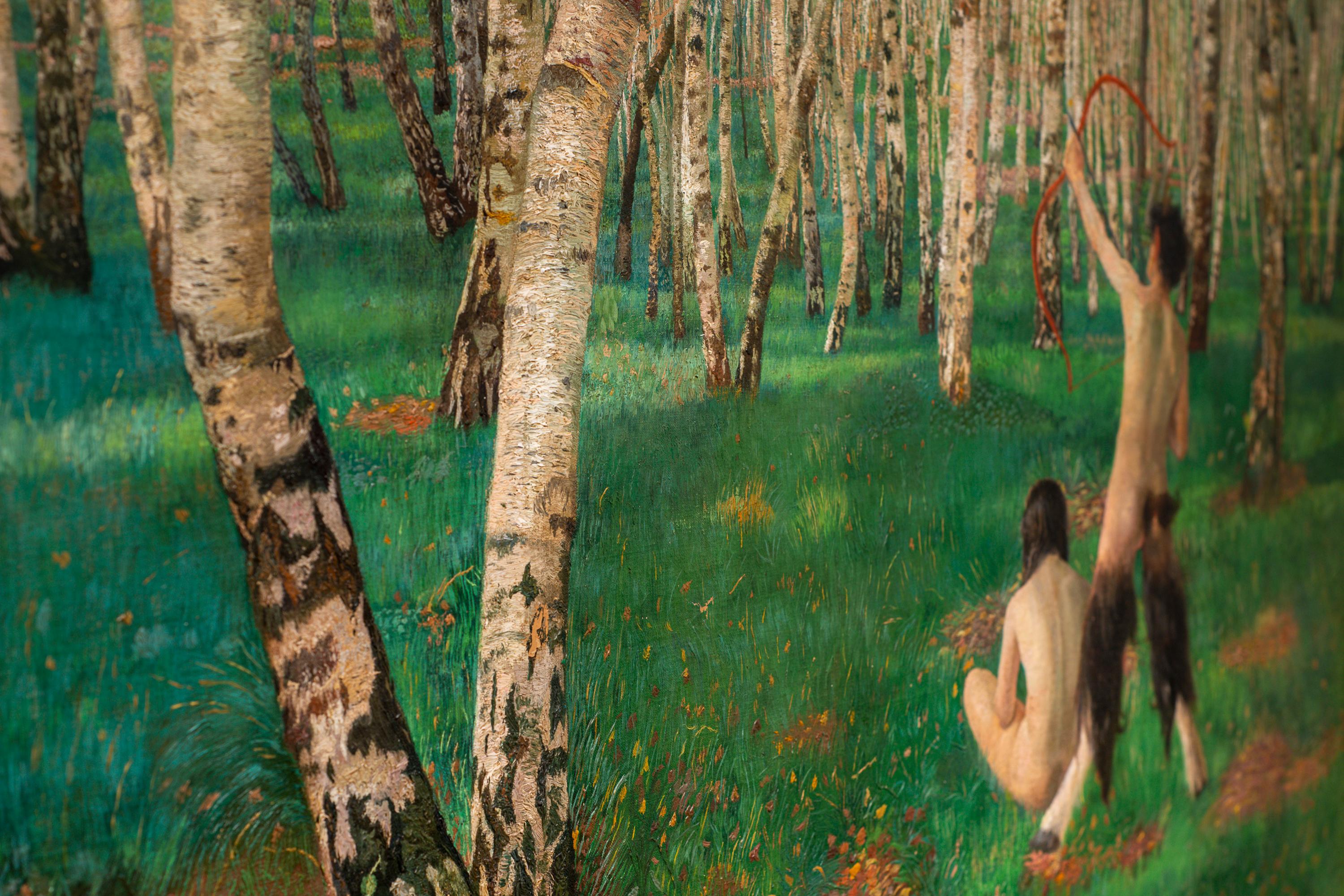 Late 19th Century Landscape Painting Oil on Canvas Austrian Art Karl Mediz The Birch Forest, 1894