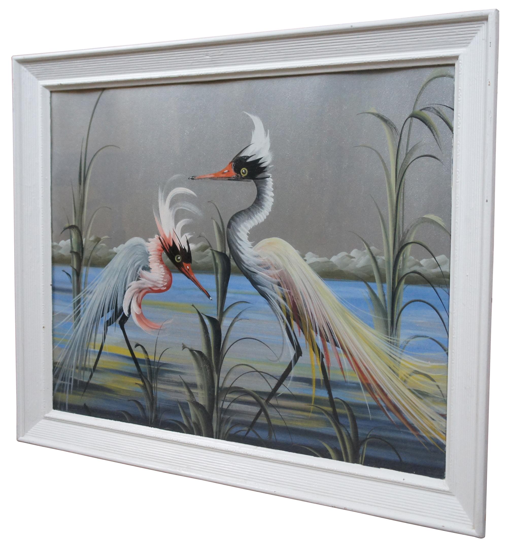 Vintage painting on metallic silver paper of a lake landscape featuring two herons or cranes with long feathered crests and tails.

Measures: Sans frame - 27.25” x 21.25”.