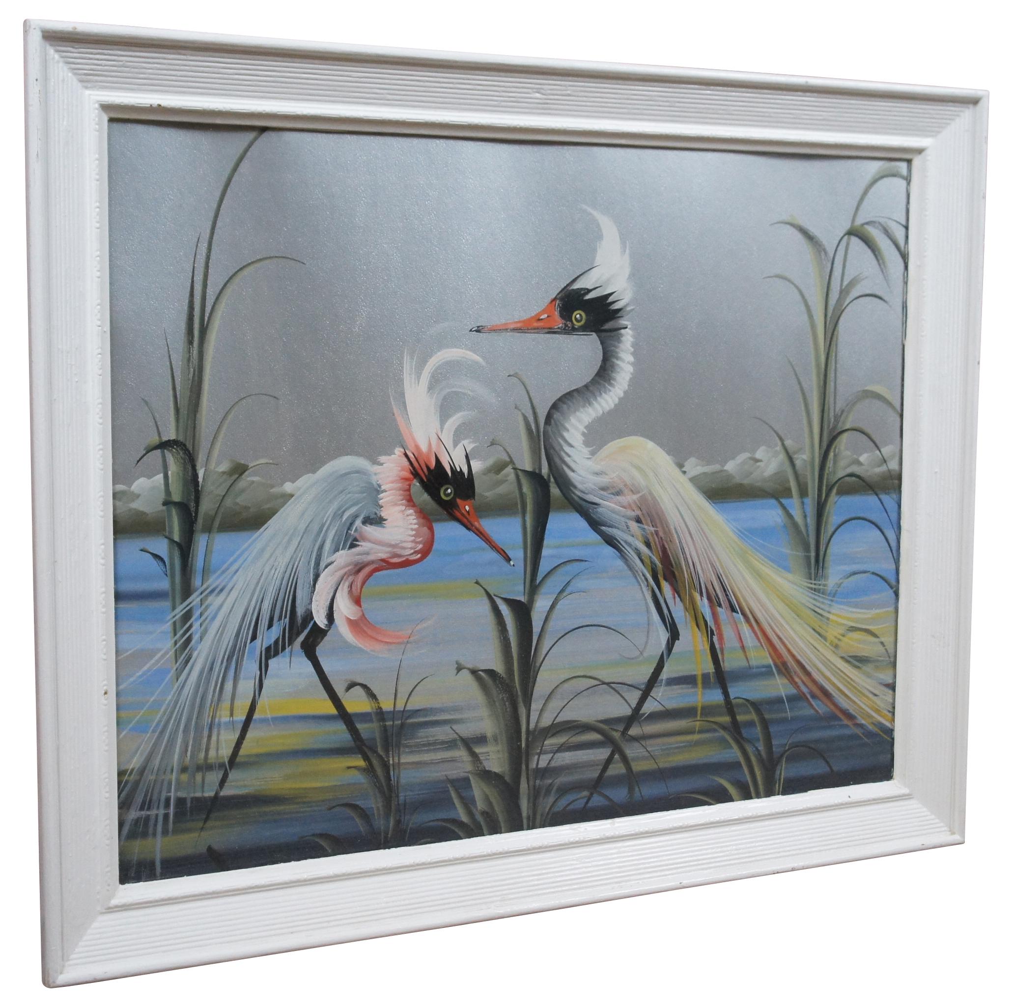 Landscape Painting Portrait of Herons Cranes on Silver Paper Seascape Birds In Good Condition For Sale In Dayton, OH