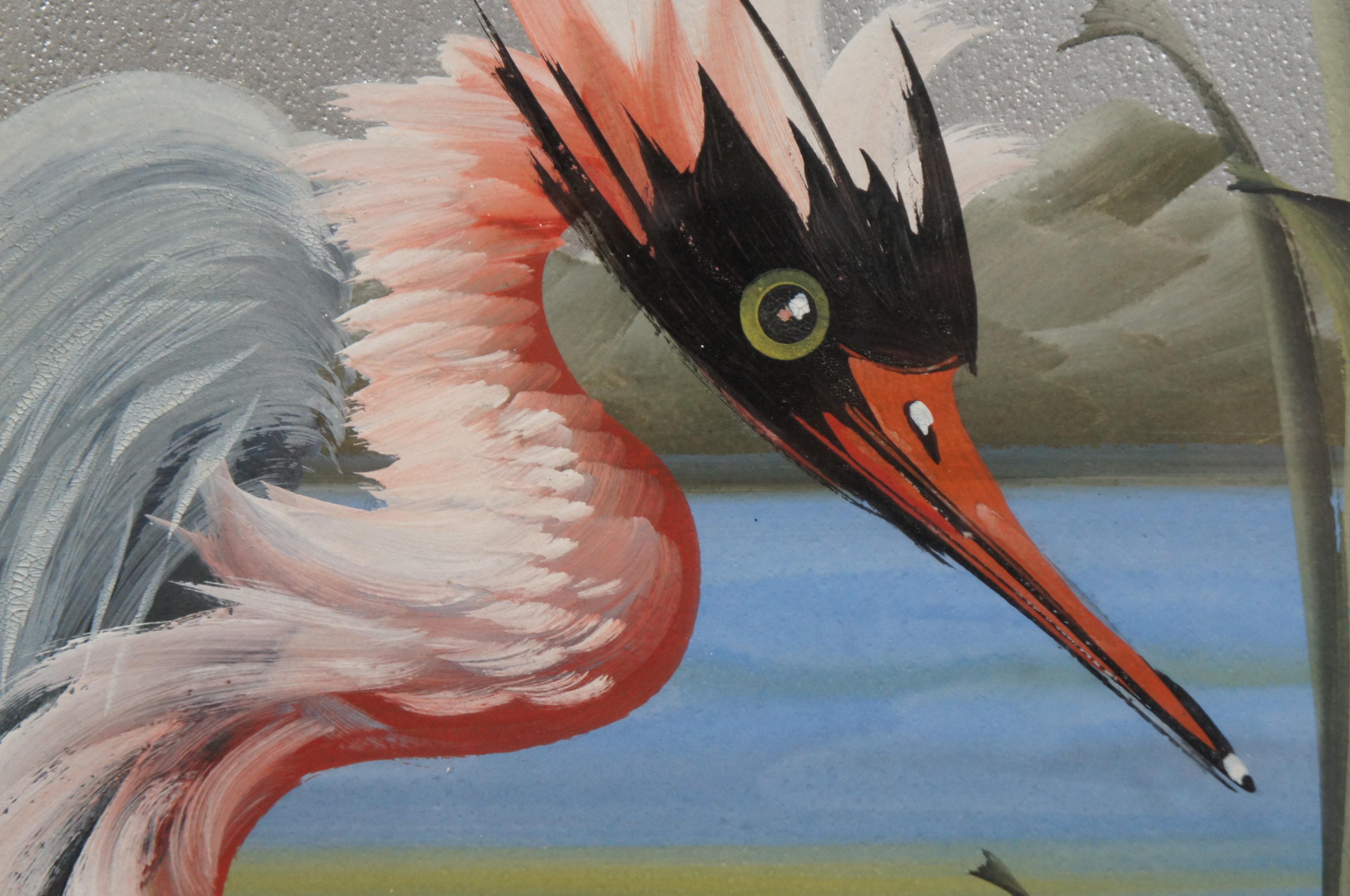 Landscape Painting Portrait of Herons Cranes on Silver Paper Seascape Birds For Sale 5