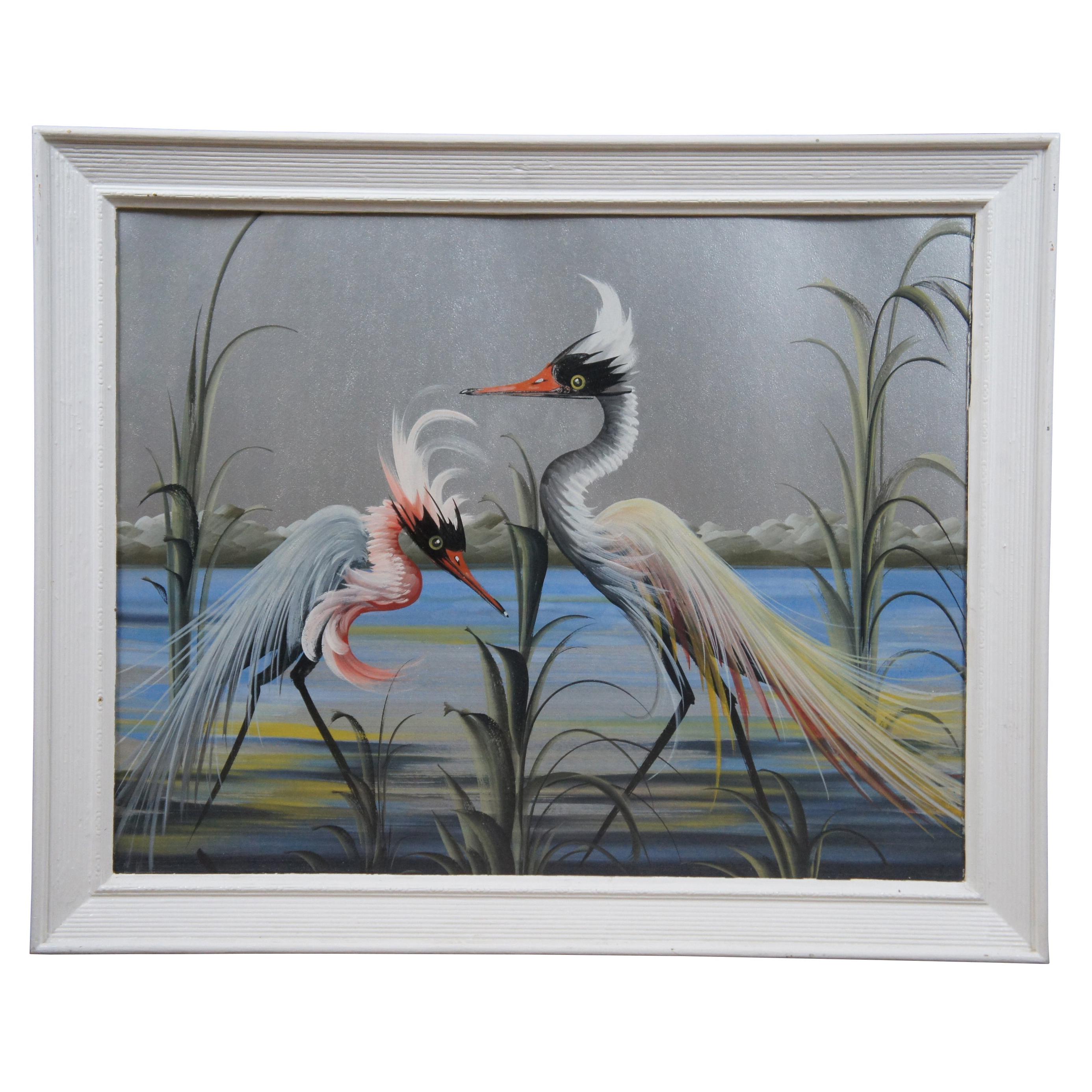 Landscape Painting Portrait of Herons Cranes on Silver Paper Seascape Birds For Sale