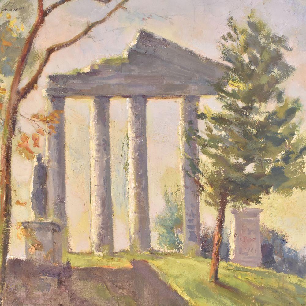 Il s'agit d'une peinture ancienne de paysage avec un parc de Rome, le parc Palatino. 
Cette peinture à l'huile sur toile a un cadre en bois original réalisé dans les années 1900.

Cette oeuvre d'art de paysage, datée de 1949 et elle est signée