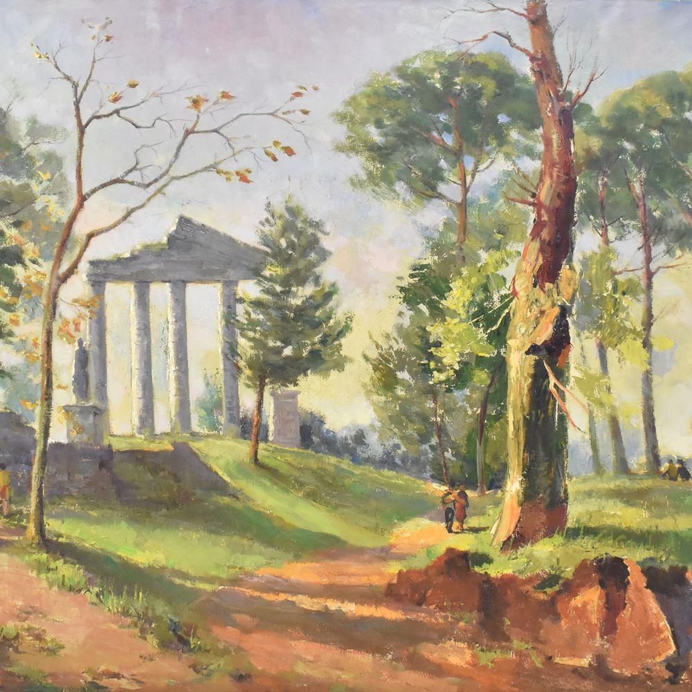 Art déco Peinture de paysage, peinture de Rome, peinture de temple grec, huile sur toile, XXe siècle en vente