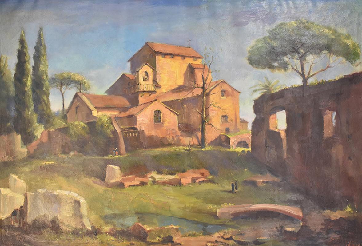 This is a landscape painting with a monastery/church, Palatino park. 
This oil painting on canvas has an original wood frame realised in the 1900s.

This landscape art work, dated 1949 and it is signed TILLEUX JOSEPH MARTIN (1896-1978), belgian