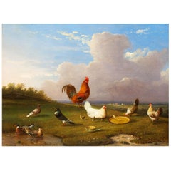 Landscape Painting Rooster and Fowl, Franz Van Severdonck (Belgian, 1809-89)