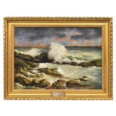 Antique Landscape Painting, Seascape Painting, Rough Sea, Oil on Canvas, 19th Century