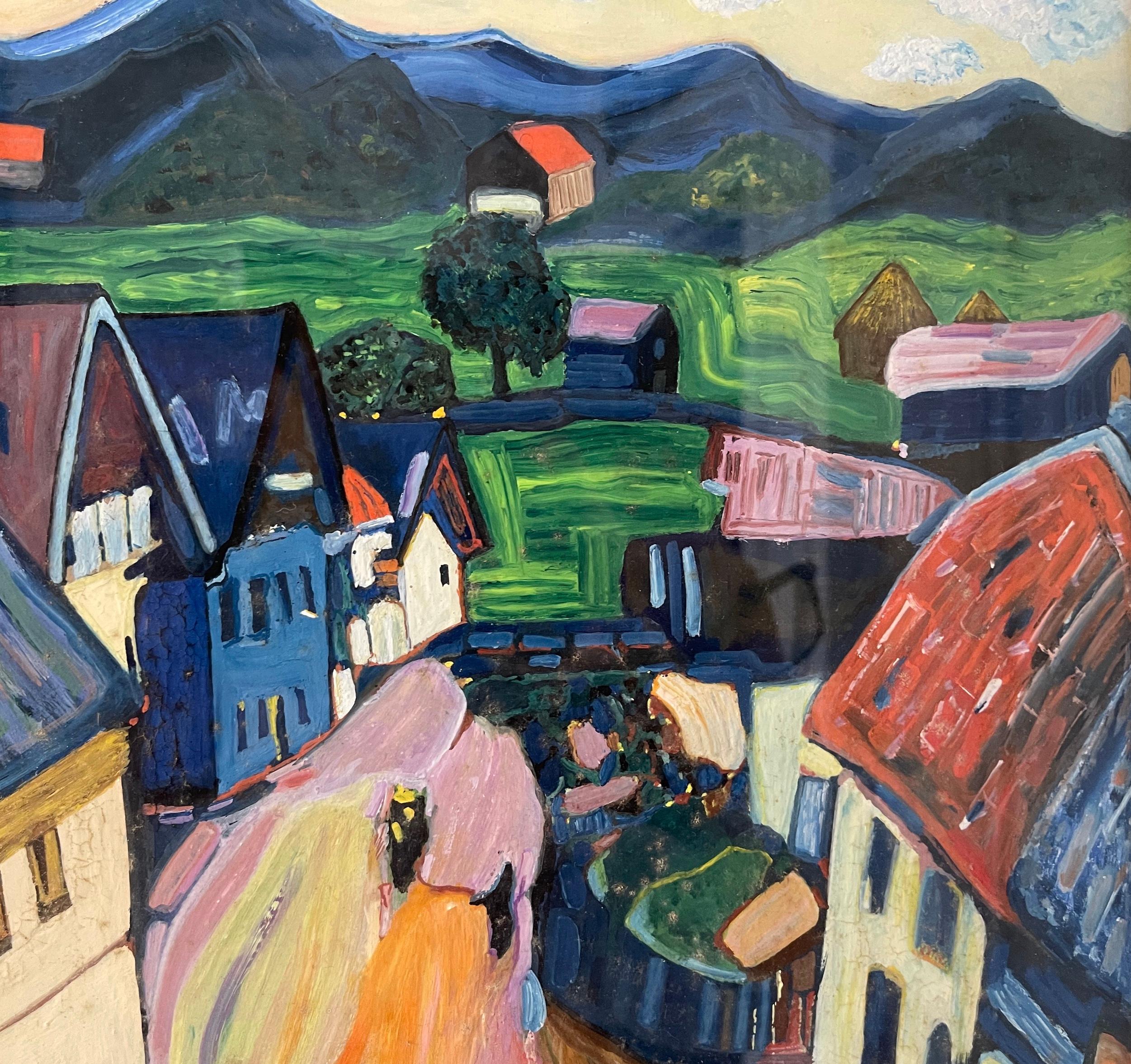 Mid-20th Century Landscape Painting Signed by Rhode Dacige (1958) Inspired by Kandinsky's style For Sale
