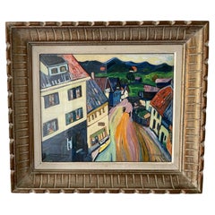Peinture de paysage signée par Rhode Dacige (1958) inspirée du style de Kandinsky