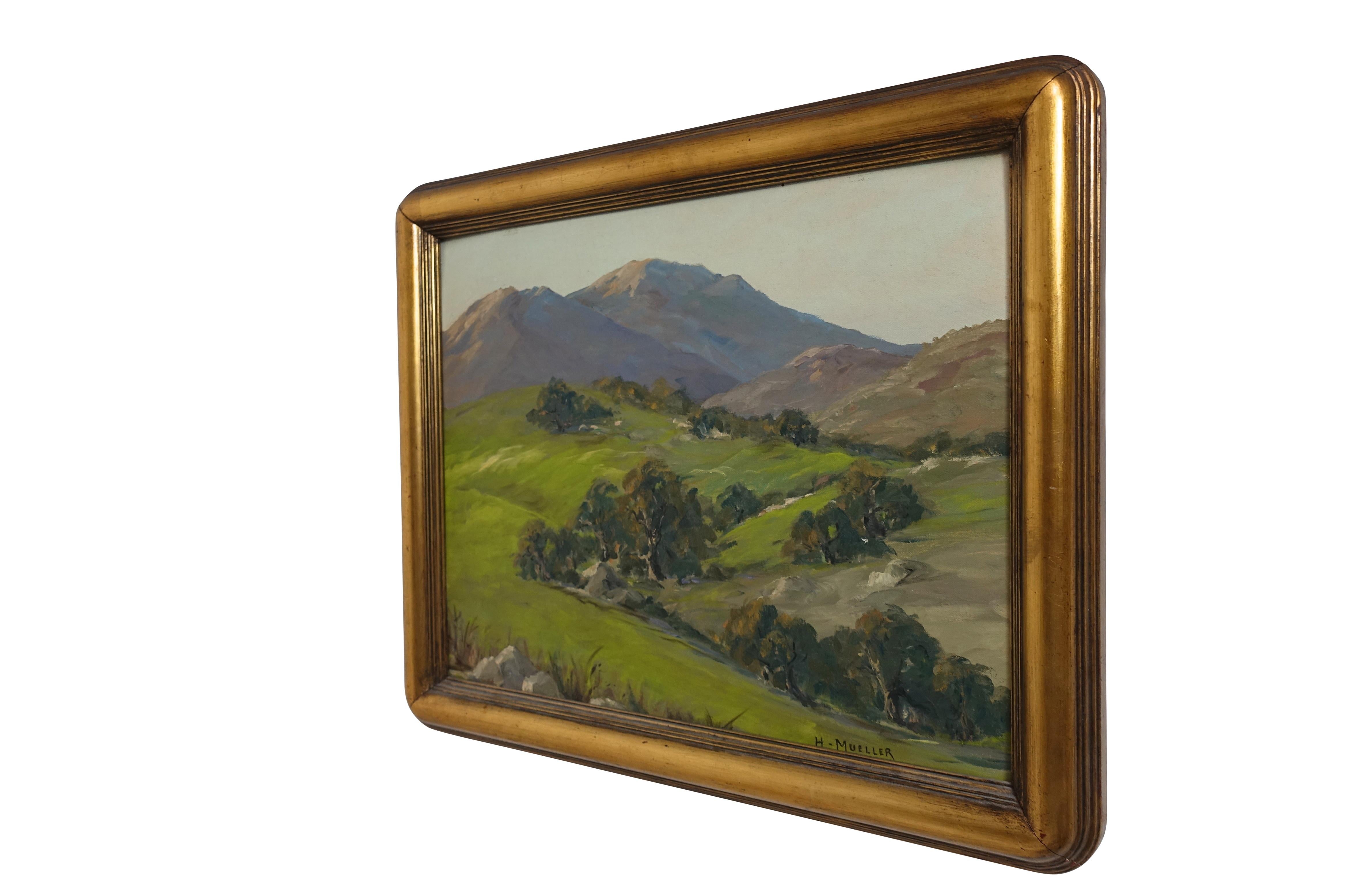 Landscape painting, oil on artist board in giltwood frame. Titled oak gulch and dated 1950.