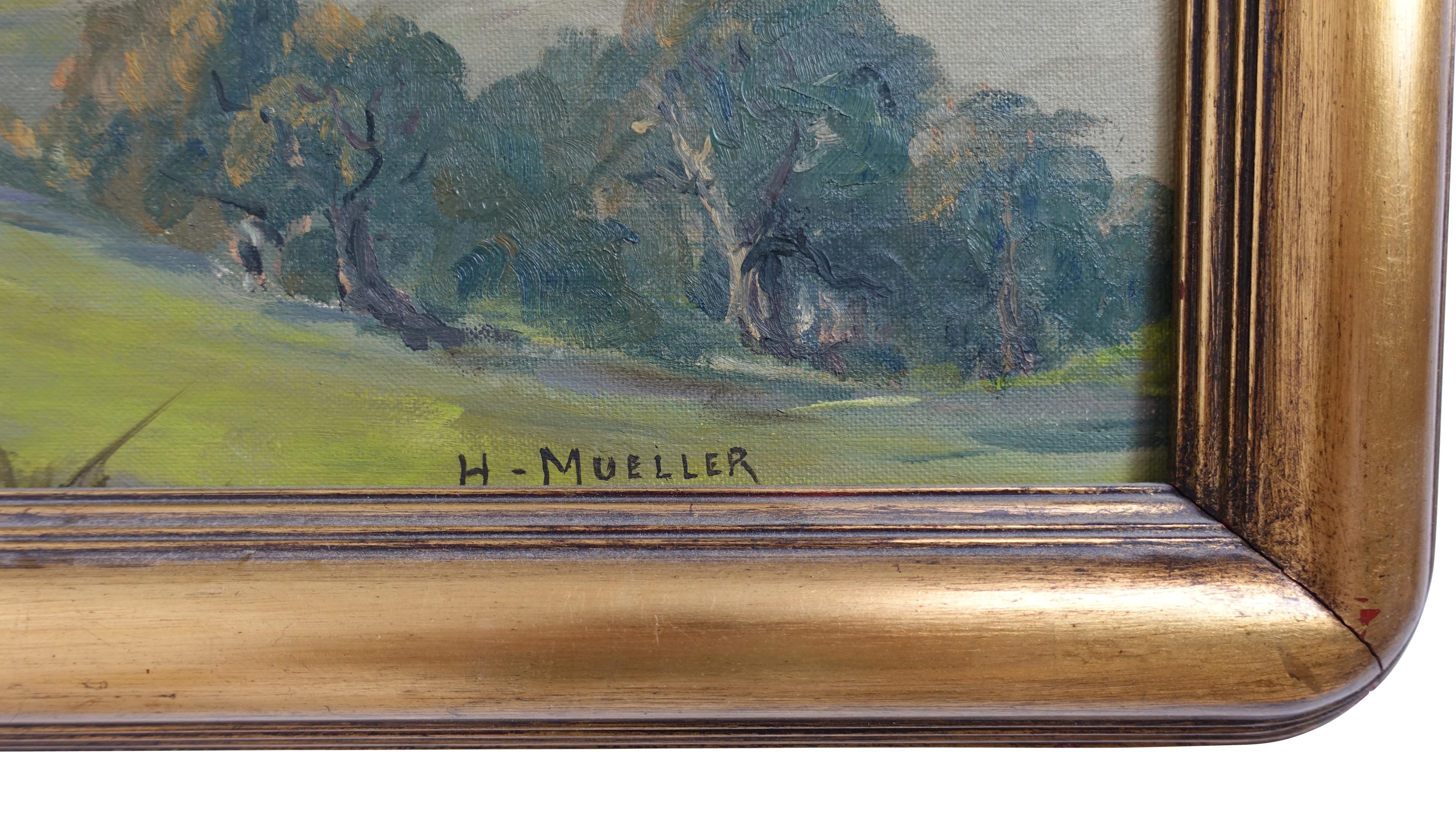 Gilt Landscape Painting Signed H. Mueller, Oak Gulch, 1950 For Sale