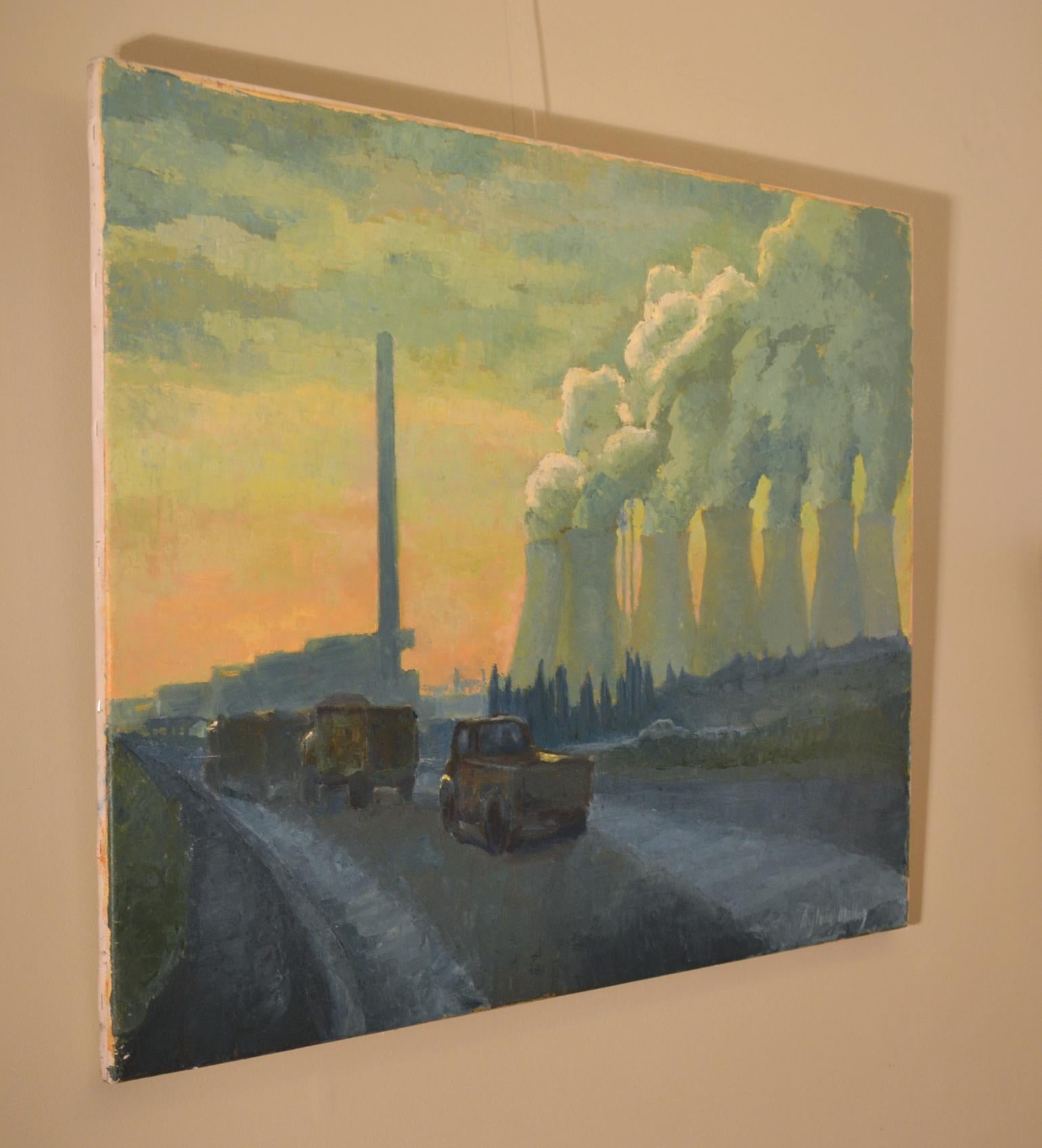 Wood Landscape Painting with Cooling Towers by British Sylvia Molloy, circa 1960 For Sale