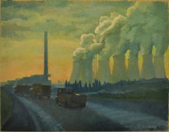Landscape Painting with Cooling Towers by British Sylvia Molloy, circa 1960