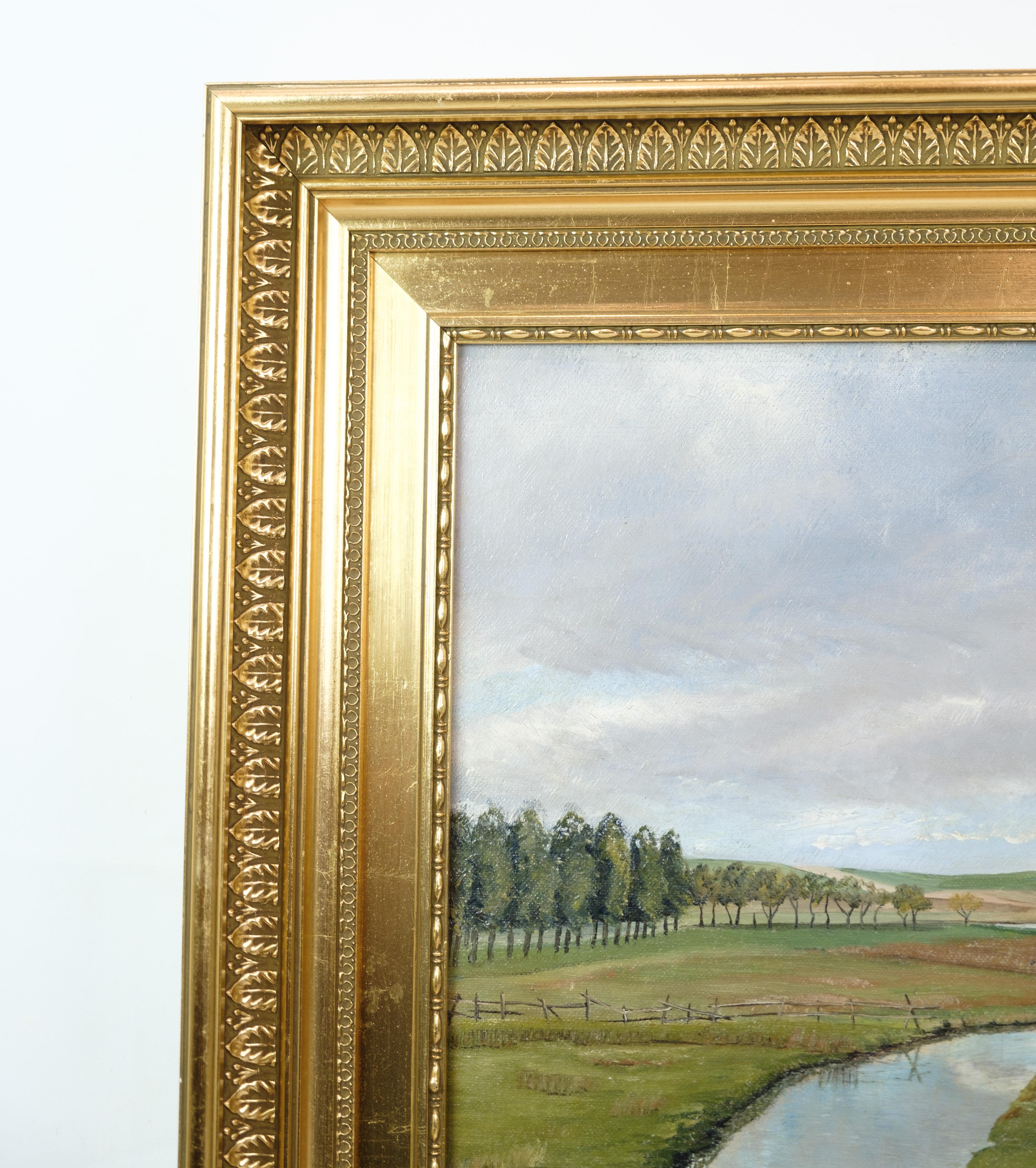 Mid-Century Modern Peinture de paysage avec cadre en feuilles d'or peinte par Ole Ring (né en1902-d.1972) en vente
