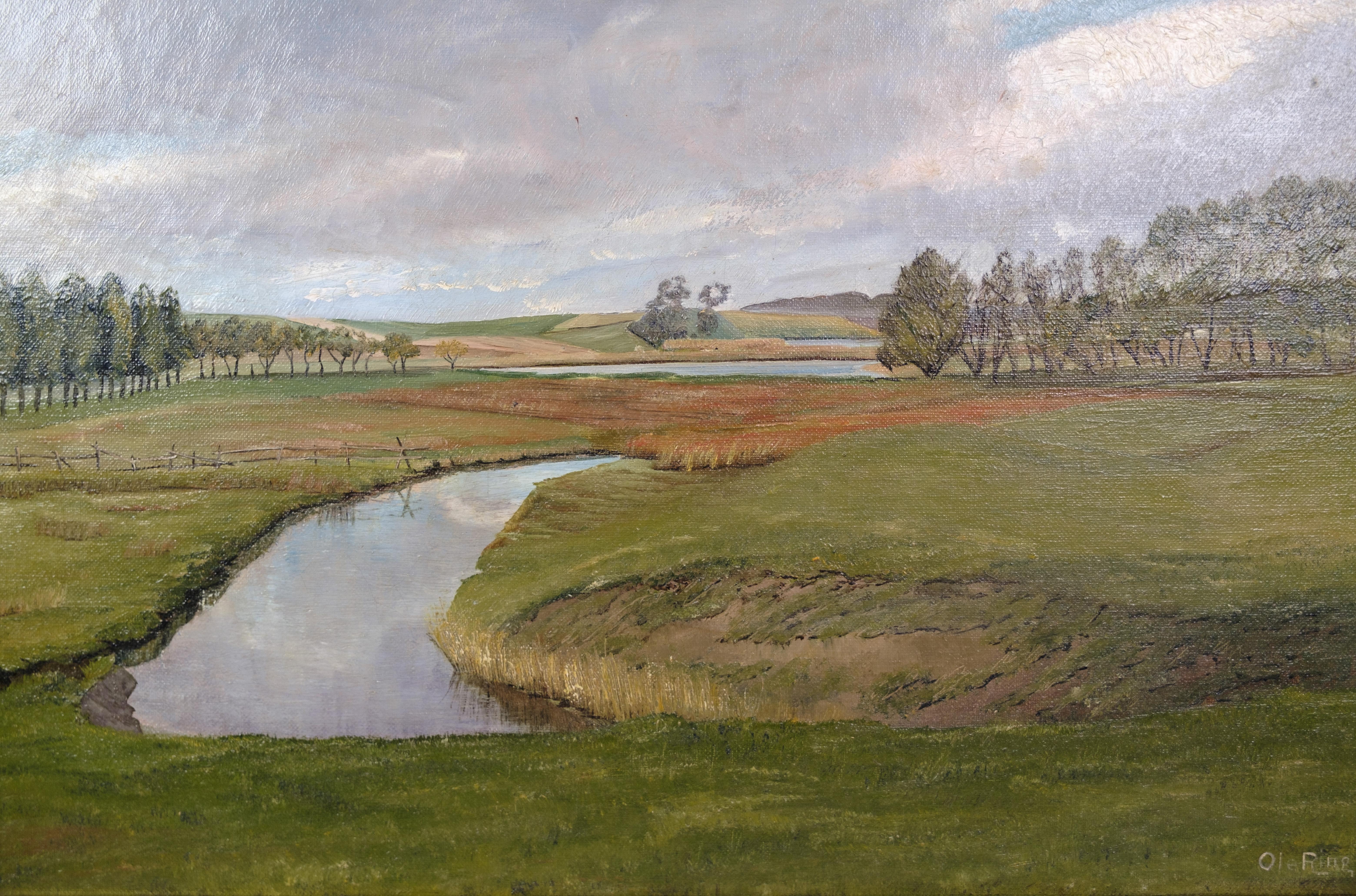 Landschaftsgemälde mit Blattgoldrahmen, gemalt von Ole Ring (geb.1902-d.1972) im Zustand „Gut“ im Angebot in Lejre, DK