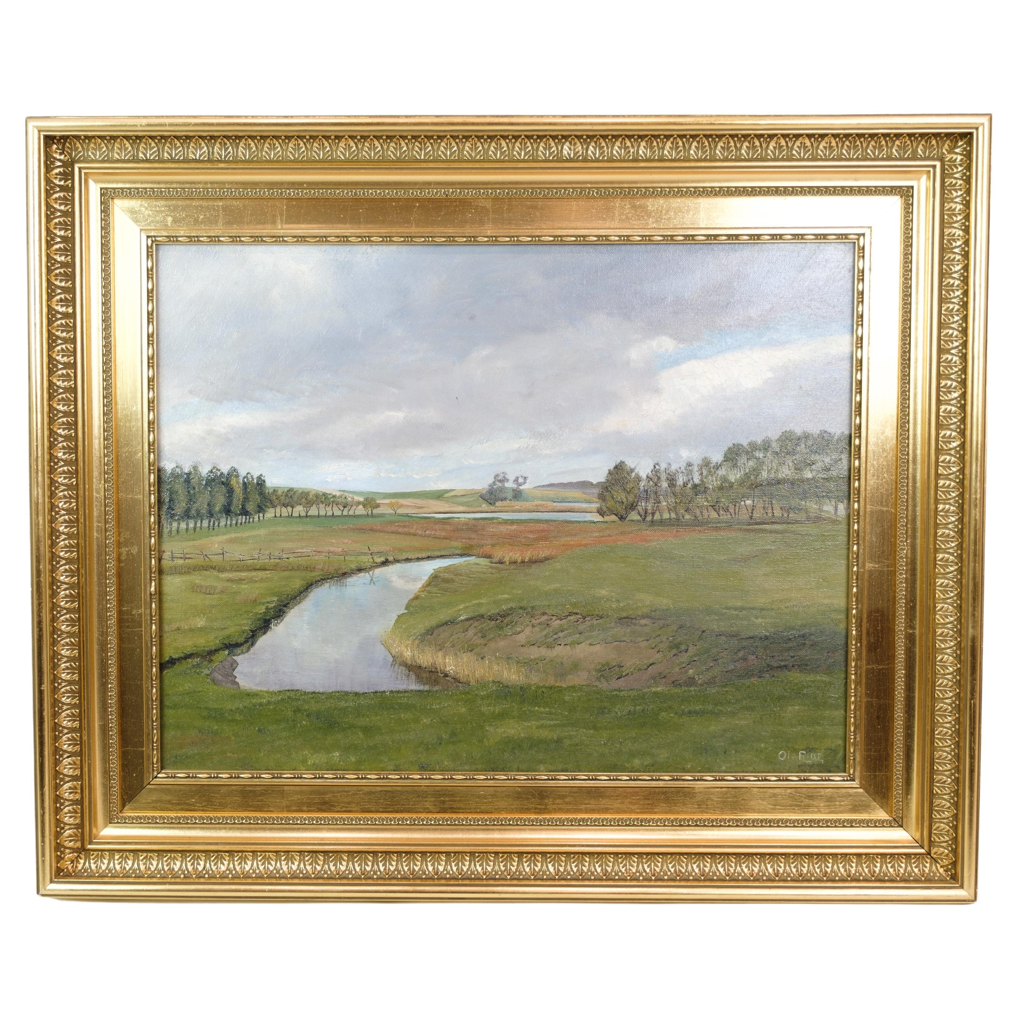 Peinture de paysage avec cadre en feuilles d'or peinte par Ole Ring (né en1902-d.1972) en vente