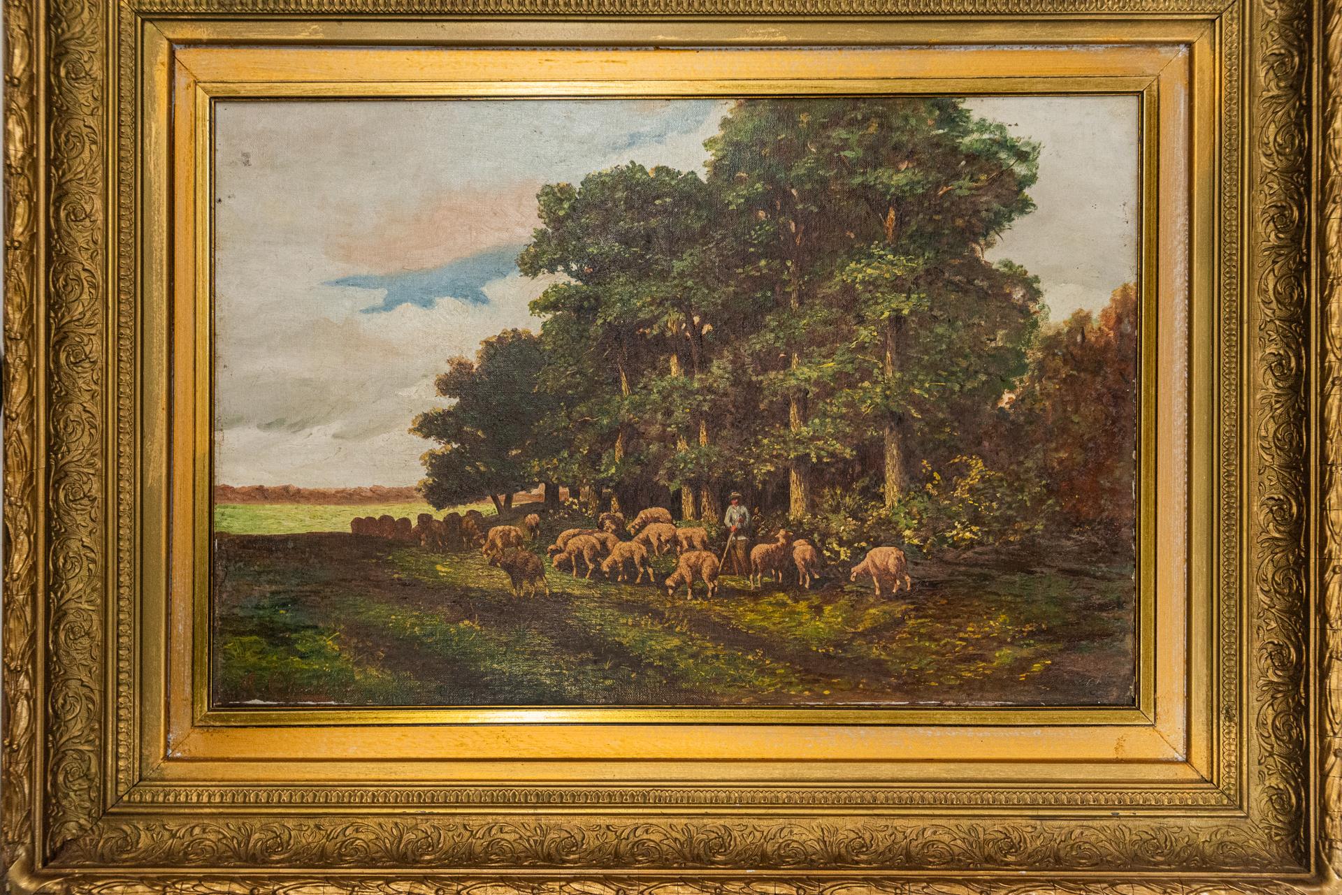 Hand-Painted Landscape Painting with Sheep For Sale