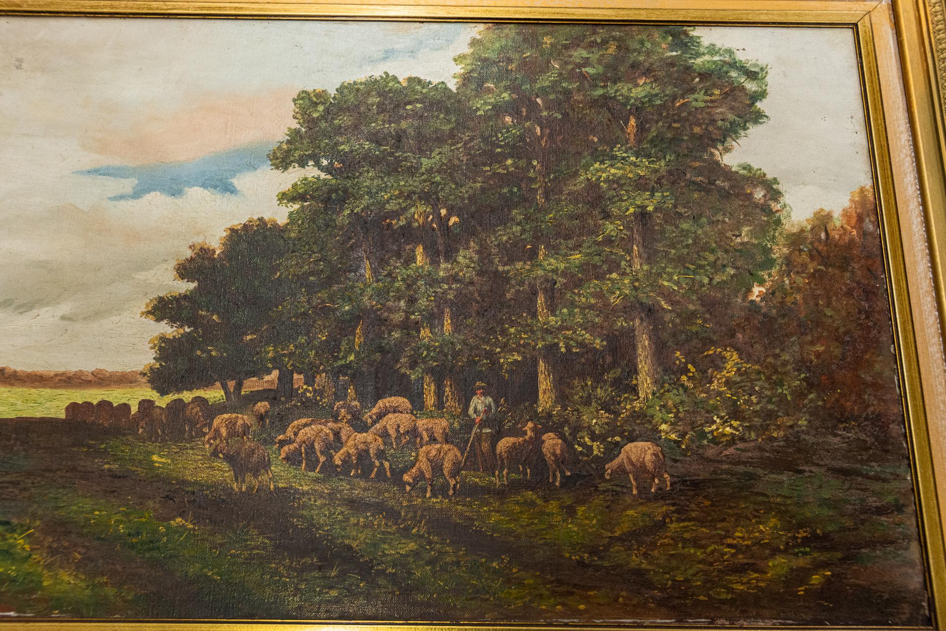 Peinture de paysage avec moutons Excellent état - En vente à Alessandria, Piemonte