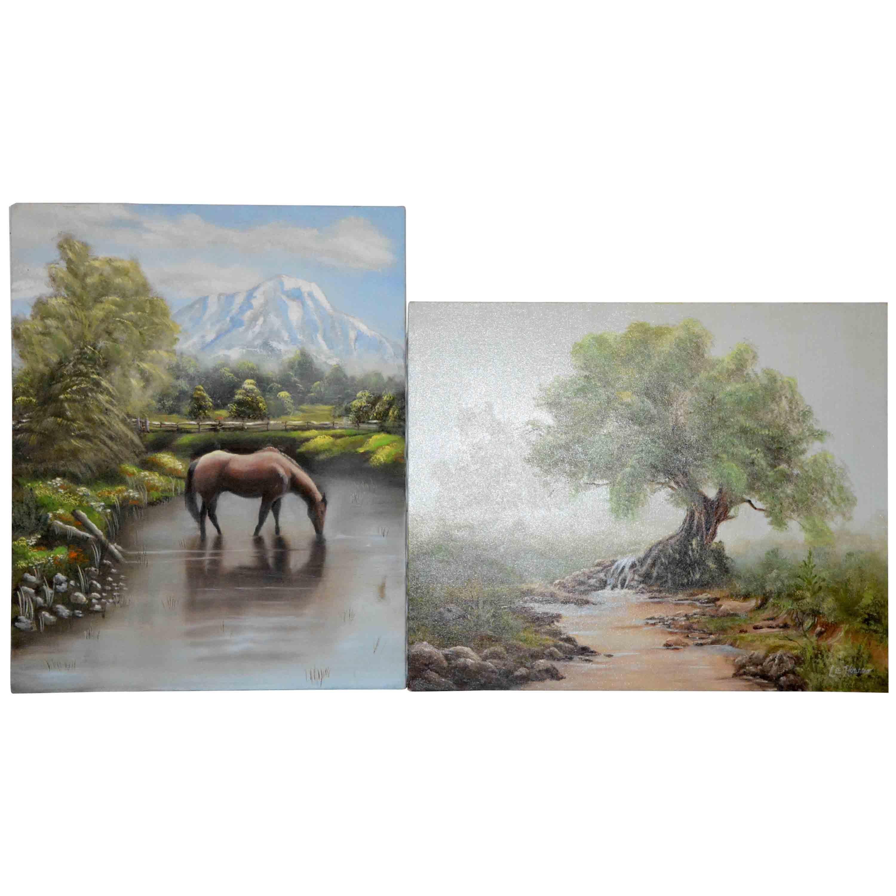 This is a pair of oil paintings on canvas by self-taught artist Nora Alleda Hirano. One depicts an old tree rising on a short rocky mound as a narrow brook passes through the misty landscape. The other depicts a brown horse drinking from a stream in