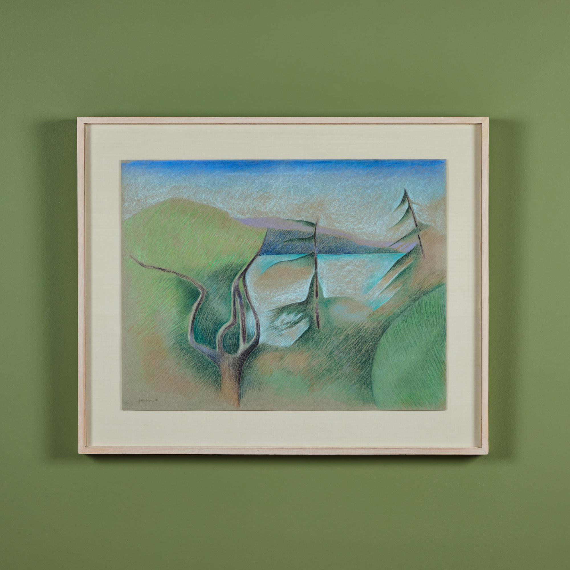 Framed pastel painting by American artist, Linda Jacobson, c.1980. The landscape artwork portrays trees, water and green rolling hills. The mood of Jacobson's work is often peaceful and reflects her love of nature and its elements.
Signed by the