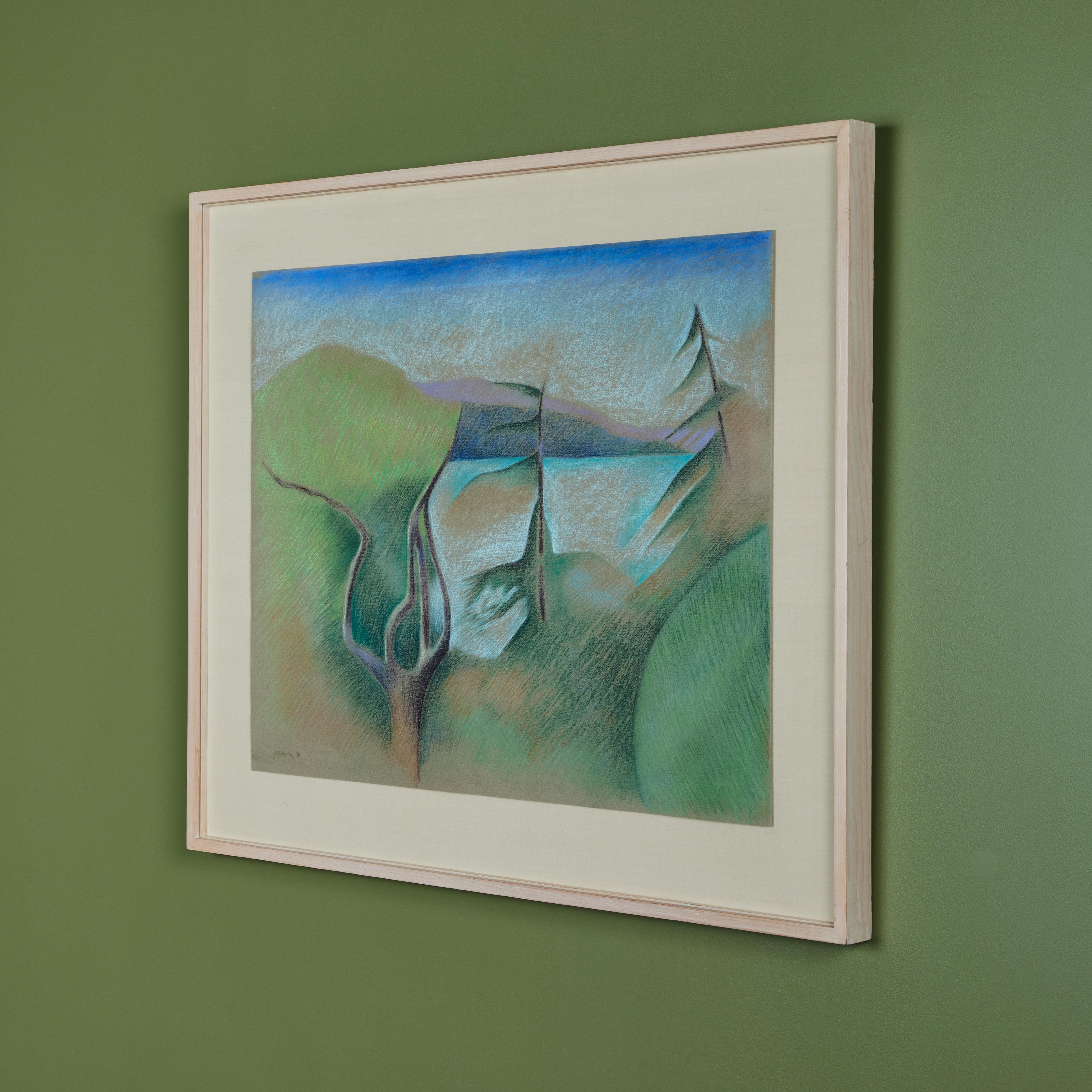 Mid-Century Modern Landscape Pastel Painting by Linda Jacobson For Sale