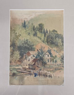 Paisaje con una casa y un molino, acuarela, J.W. Spaveil, 11 de junio de 1886
