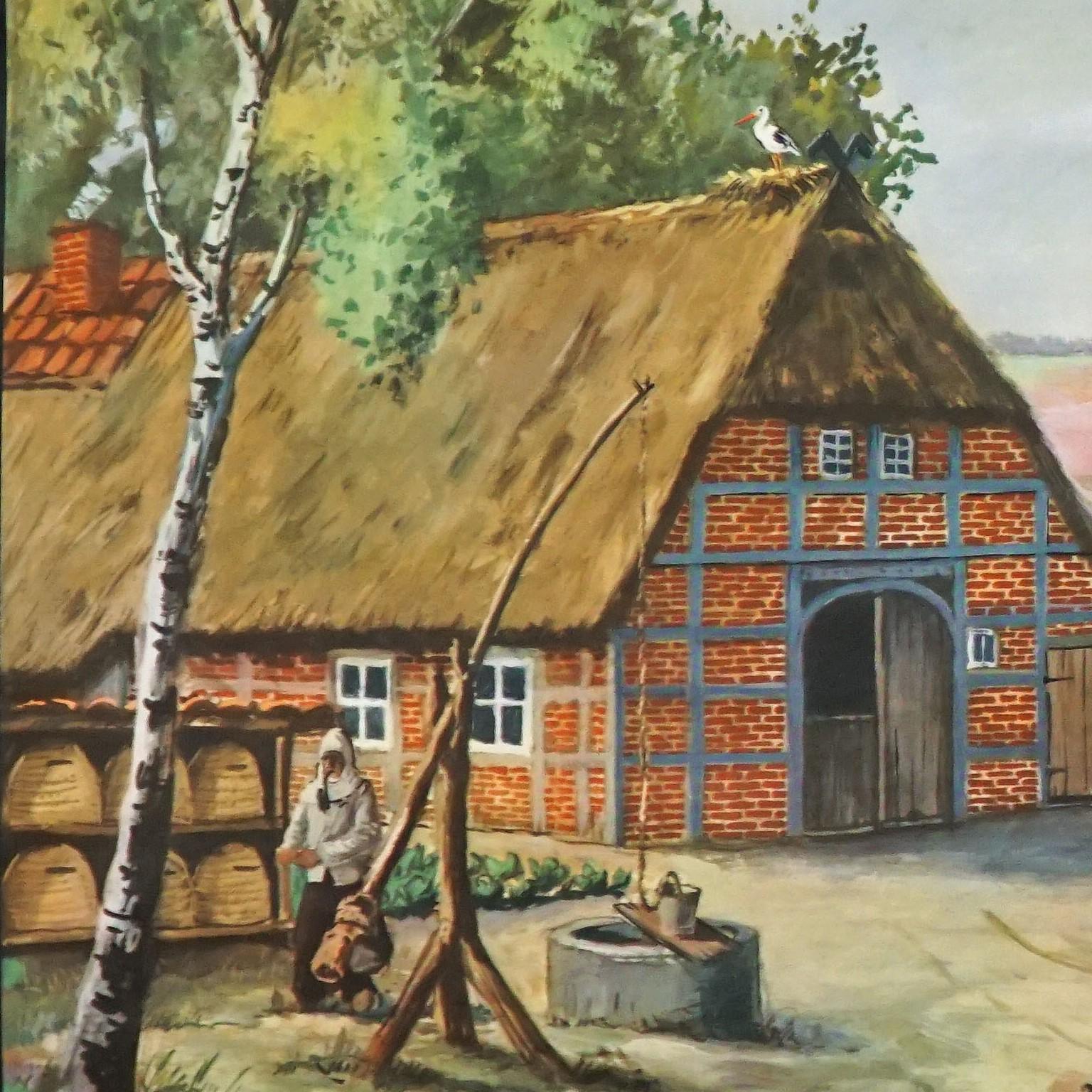 Die cottagecore Vintage-Wandtafel zeigt die wunderbare Landschaft der Lüneburger Heide (eine einzigartige Region in Norddeutschland) mit einem typischen Bauernhaus, Bienenstöcken mit Imker, einem Schäfer mit seiner Schafherde und einem reichen