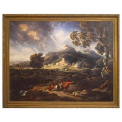 Landscape Painting of People Watching Lightning, Antique, 57x71 Inches