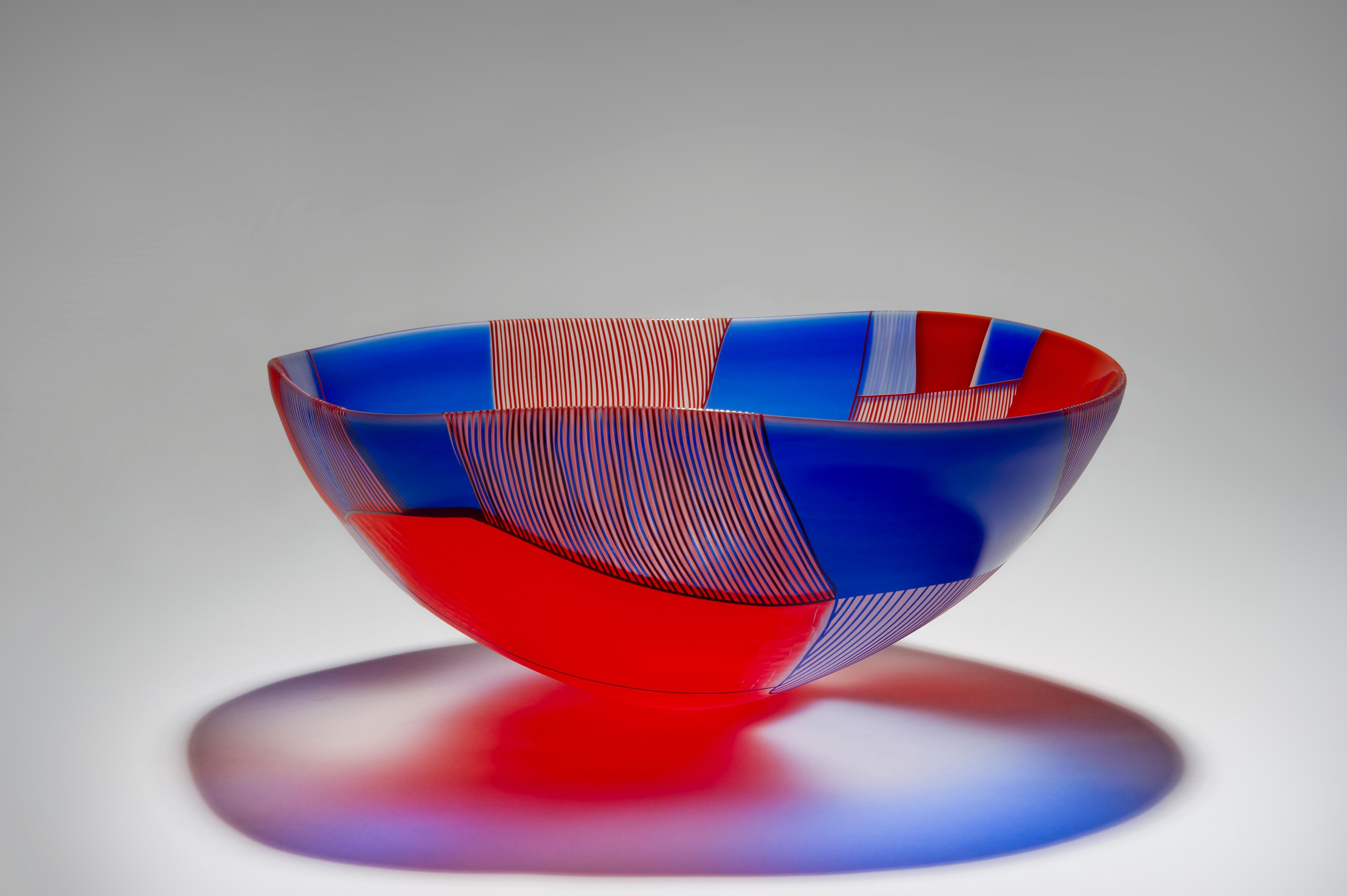 Contemporary Landscape Study Blue Over Red bowl, art glass centrepiece by Kate Jones 