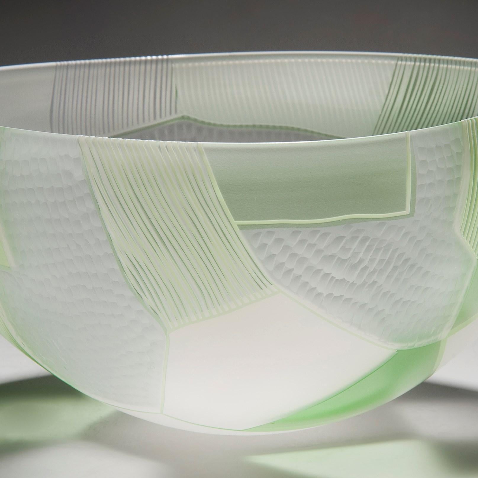 Hand-Crafted  Landscape Study Green over White, abstract patterned glass bowl by Kate Jones For Sale
