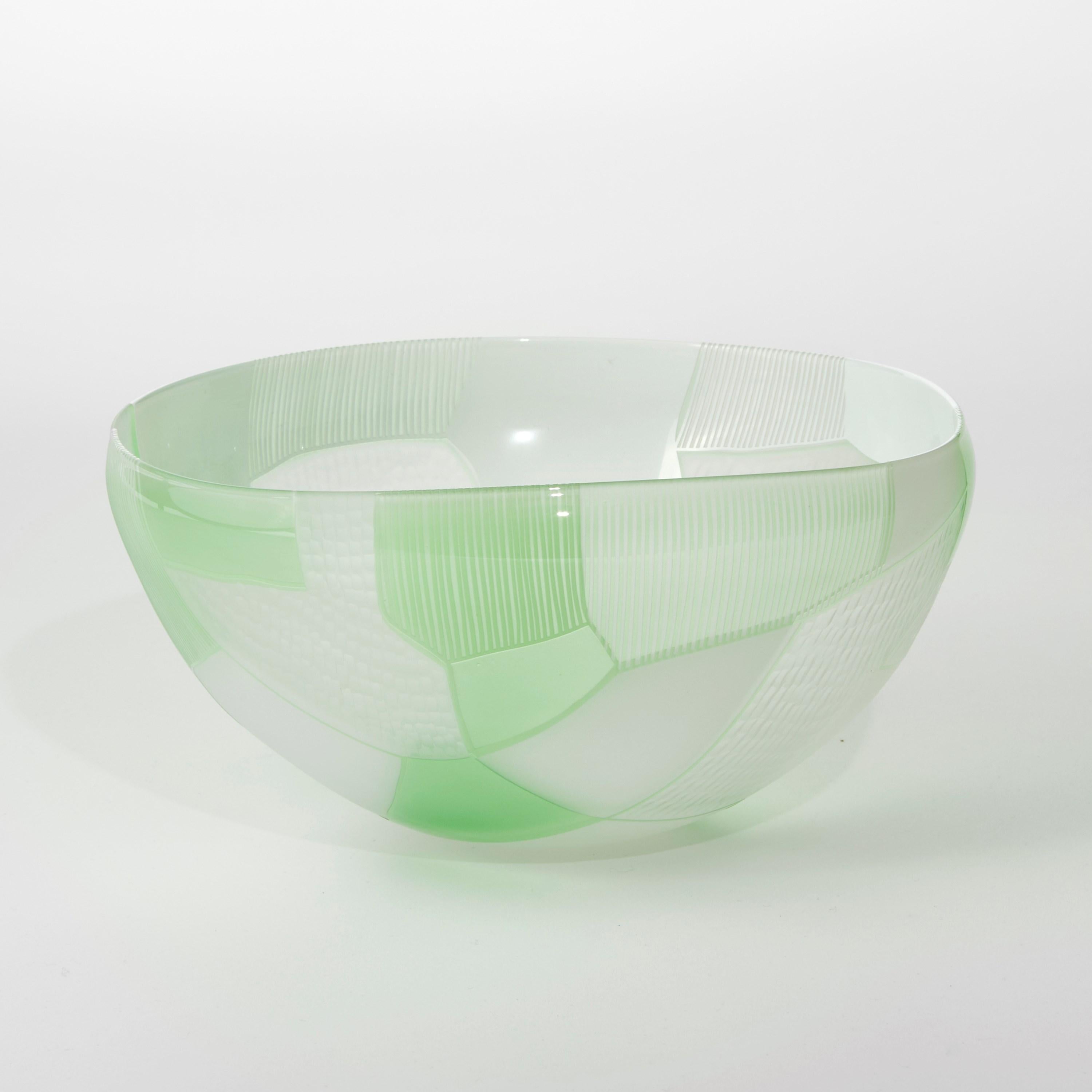 Organic Modern  Landscape Study Green over White, abstract patterned glass bowl by Kate Jones For Sale