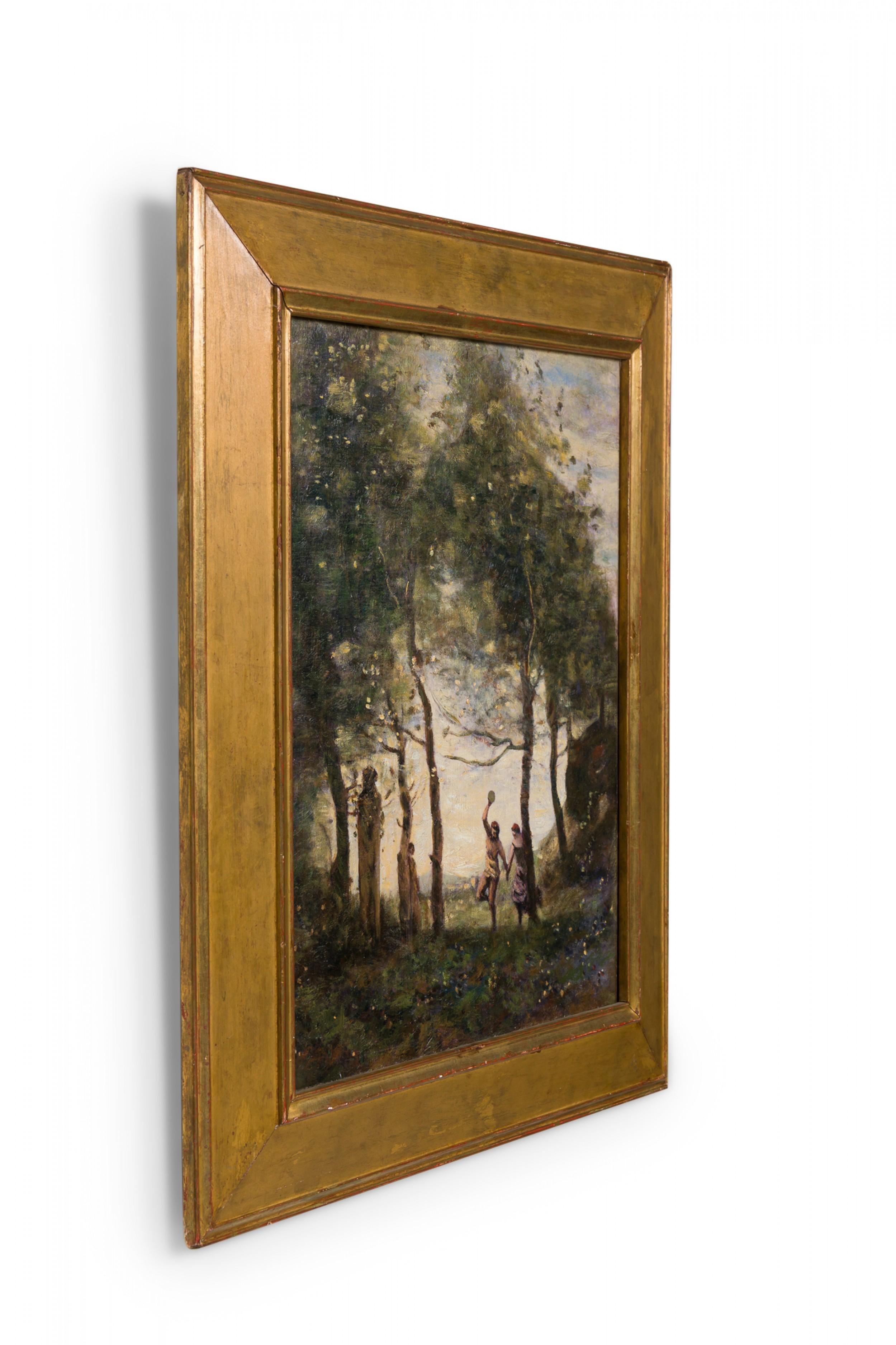 Copia di un dipinto che mostra figure che si agitano sotto gli alberi in un paesaggio verticale