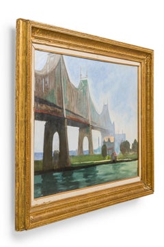 Hand-Painted Victorian Style Bridge Painting, Late 20th Century