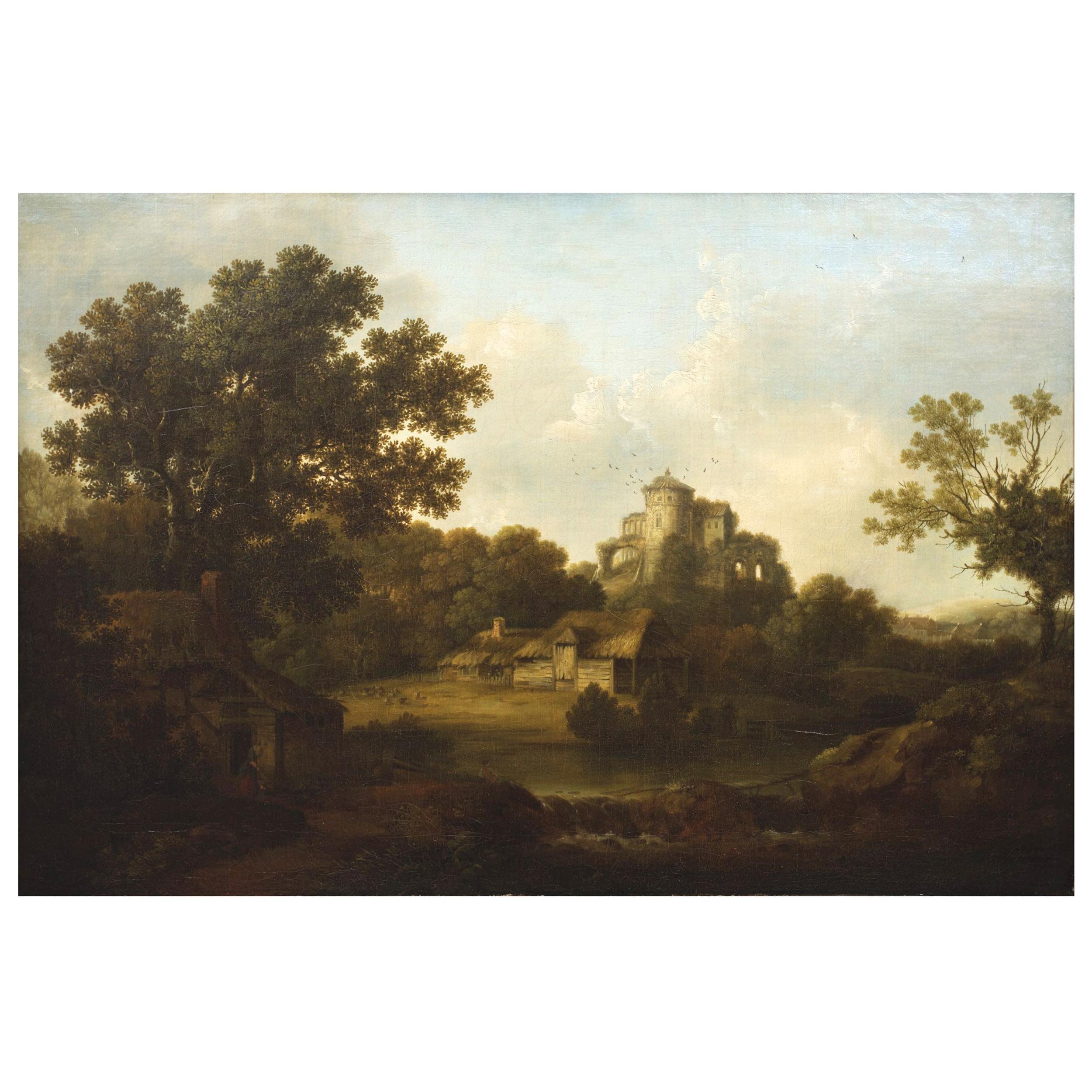 An exquisite landscape depicting a quaint rural farm with a young woman and her daughter playing with their dog before a calm pool of water where a figure rests on the bank; the thatched roof residence across the water shows two figures inside of